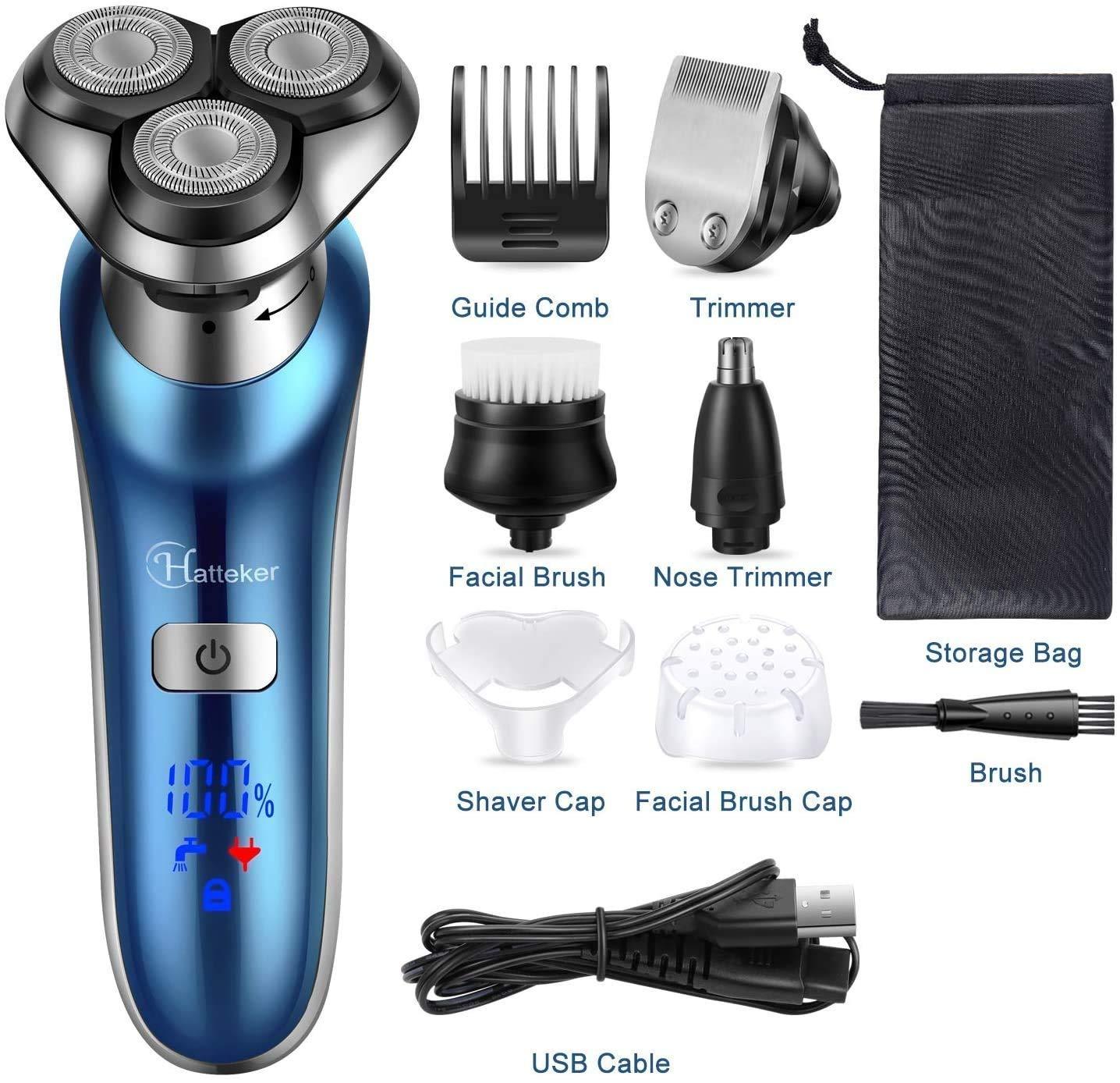 Hatteker Hatteker 4 in 1 Electric Cordless Wet Dry Face Brush Rotary Shaver, Trimmer for Men for Beard, Nose, Hair (Blue)