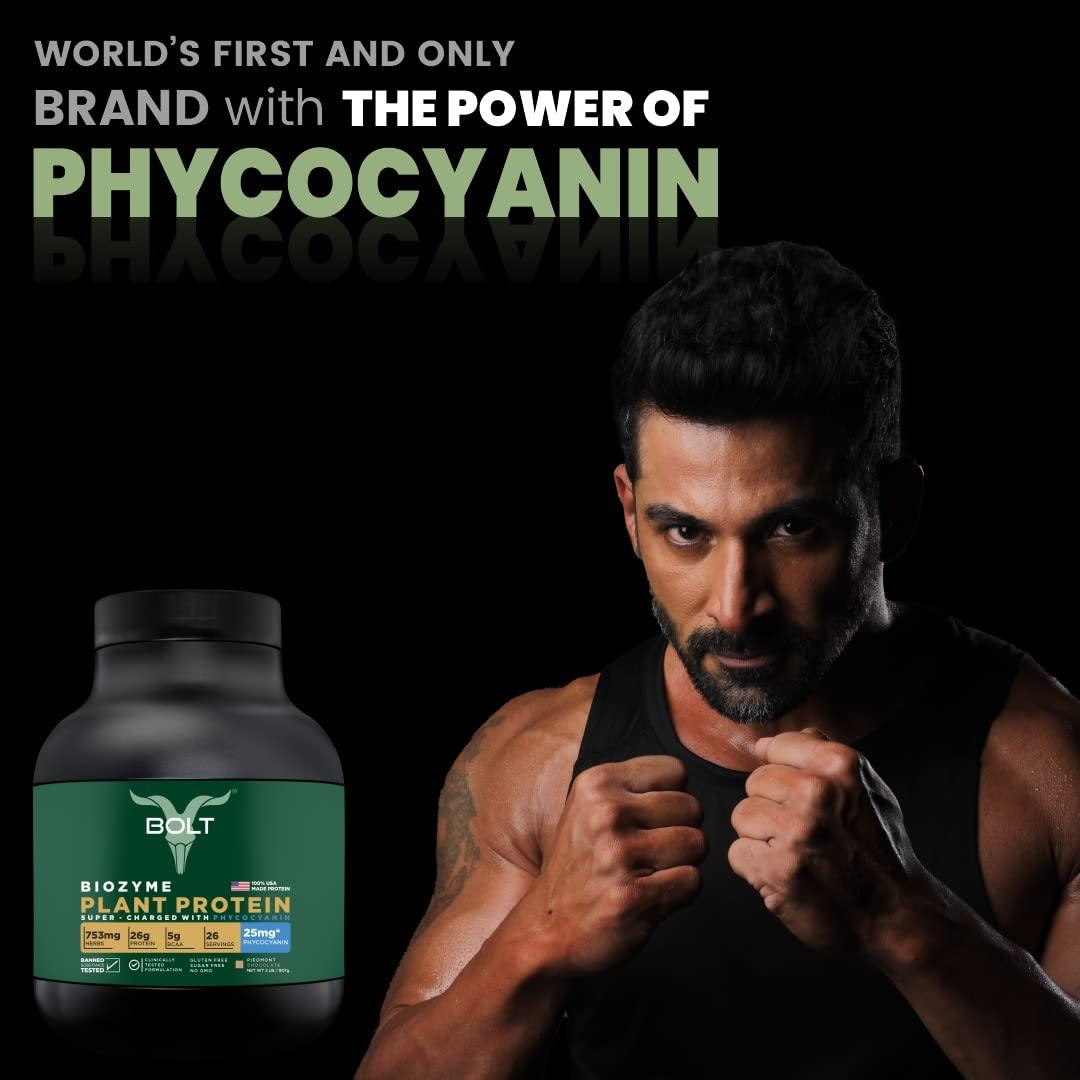 Bolt Bolt Biozyme Plant Protein | Vegan Protein with Superfood PHYCOCYANIN and Ayurvedic Herbs | Complete Amino Acid Profile for muscle Support and Recovery | 2Lb/32oz, 26 Servings | Piedmont Chocolate