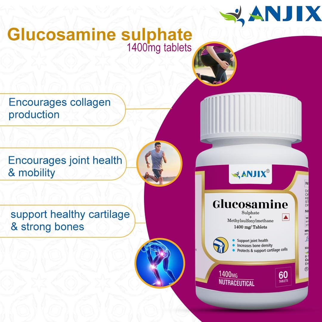 ANJIX ANJIX Glucosamine Sulphate Potassium Chloride 1000mg with MSM 400mg, Glucosamine Tablets for Joint Health Supplement for Cartilage Support, Non- Veg, Pack of 60 Tablets