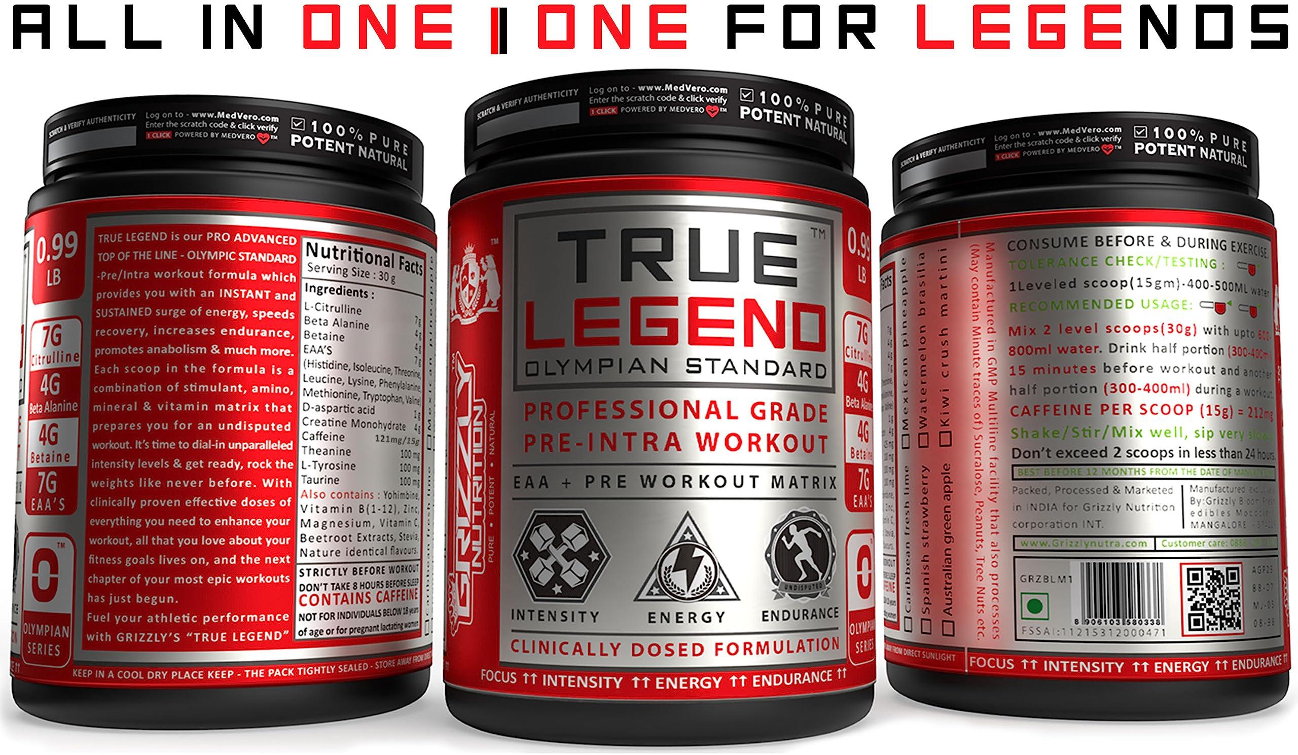 Grizzly Nutrition Grizzly Nutrition ,True Legend-Olympian Standard,Dualstage Pre Workout +Eaa Intra Workout-V2 Genesis 900Gram,32+ Performance Boosters (Lime+Kiwi-Dual Pack),Energy+ Prebooster 75 Serv,Powder