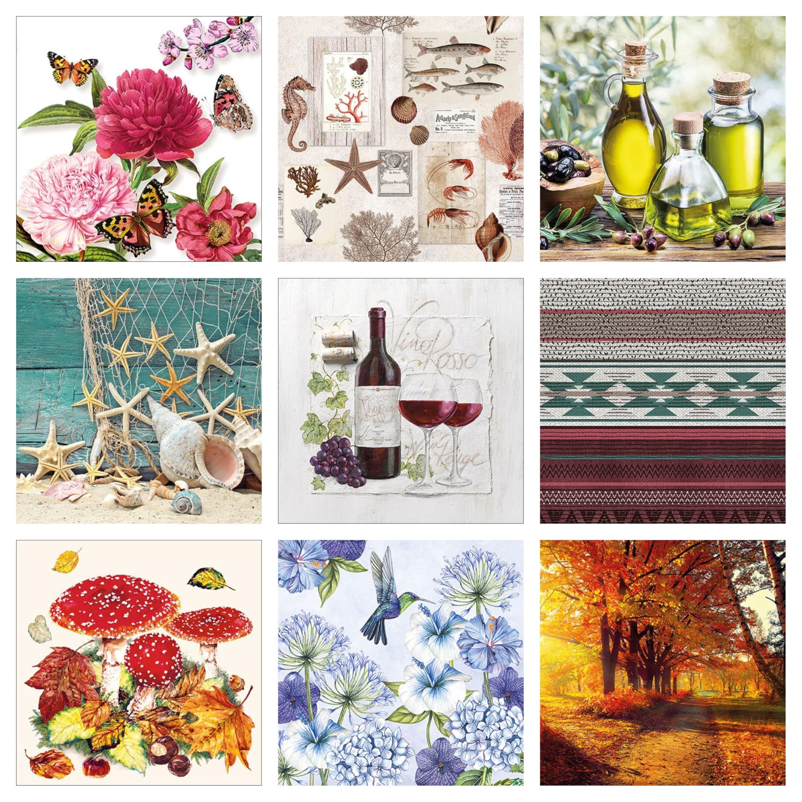DECOUPAGE CRAFT AND DECOR Decoupage Tissue Paper Napkin Kitchen Geometric Flower Mushroom Mix Print Set24-9 Decoupage Tissues -1 Napkins of Each Design - Total 9 pc