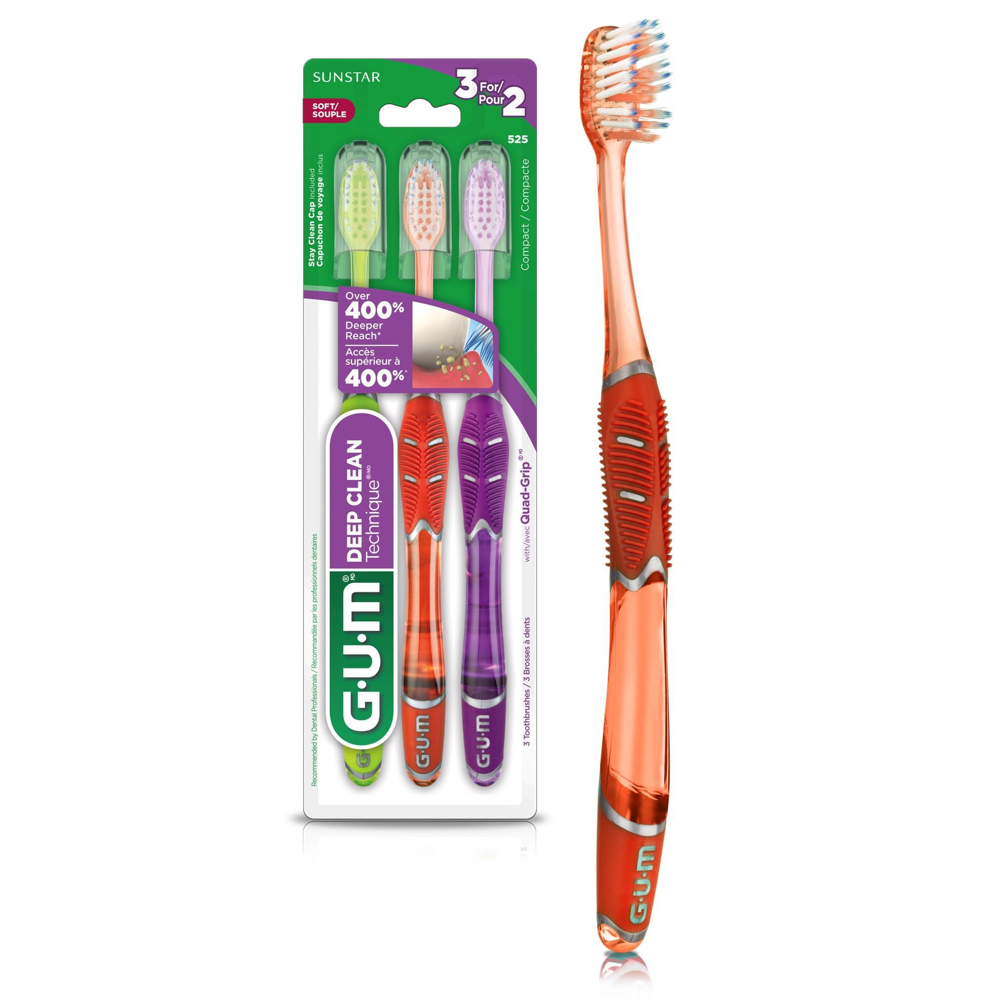 Gum GUM - 525E Technique Deep Clean Toothbrush with Quad-Grip Handle, Compact Head & Soft Bristles, 3 Count