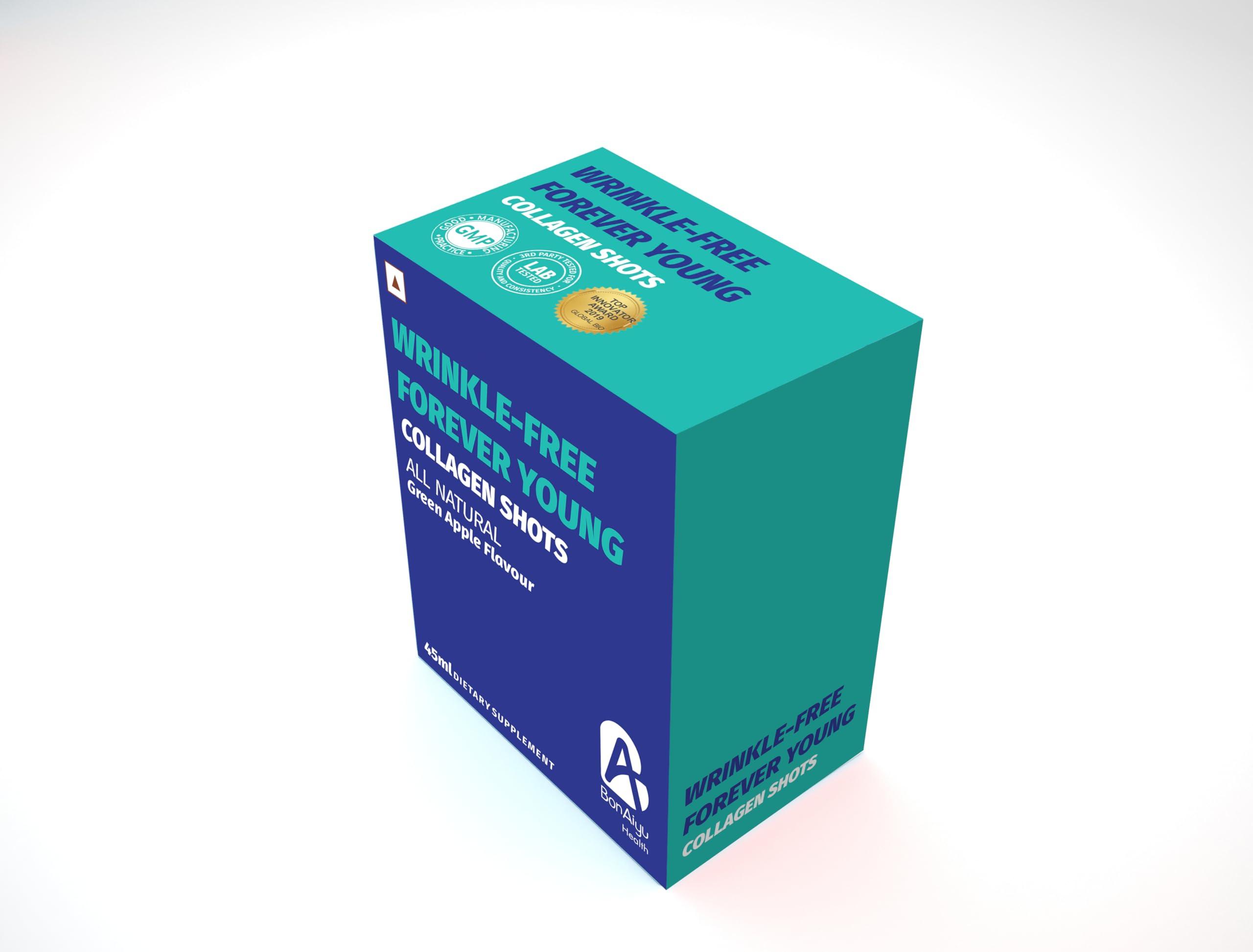 BonAyu BonAiyu WRINKLE-FREE FOREVER YOUNG COLLAGEN SHOTS All Natural (Green Apple Flavour) | With Vitamin C & Biotin | Promotes Healthy & Glowing Skin, Hair & Nails | Sugar Free for Women / Men | 45ml Each (Pack Of 6 Pet Bottles)