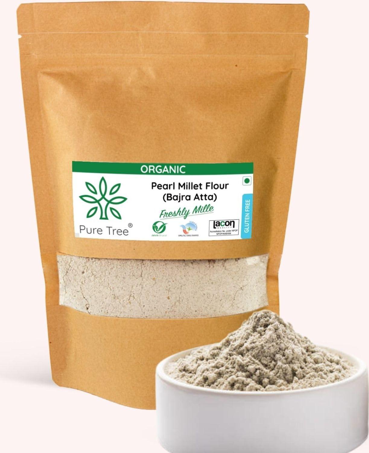 Pure Tree Pure Tree Certified Organic Bajra Flour Freshly Milled | 900 g | Bajra Atta | Gluten-Free Pearl Millet Organic Flour | Bajre Ka Atta | Millet Atta | Kambu Flour