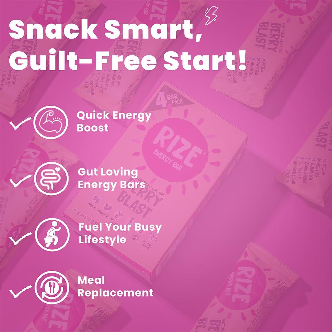 Rize RIZE Energy Bar|As Seen on Shark Tank India| 6g Protein Bar Caffeinated bars for post work out Snack, High Protein Bar with Zero added Sugar, Gluten Free Healthy Snack (Berry Blast-Pack of 6 Energy Bar)
