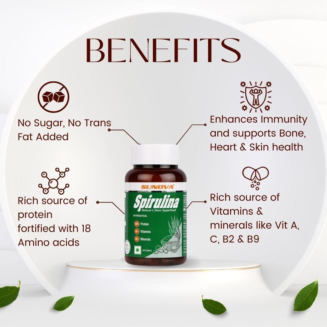 SUNOVA SUNOVA Organic Spirulina Tablets Natures Own Superfood and Nutritional Supplement,Spirulina and Blue-Green Algae for Full Body Support,60 Tablets x Pack of 5