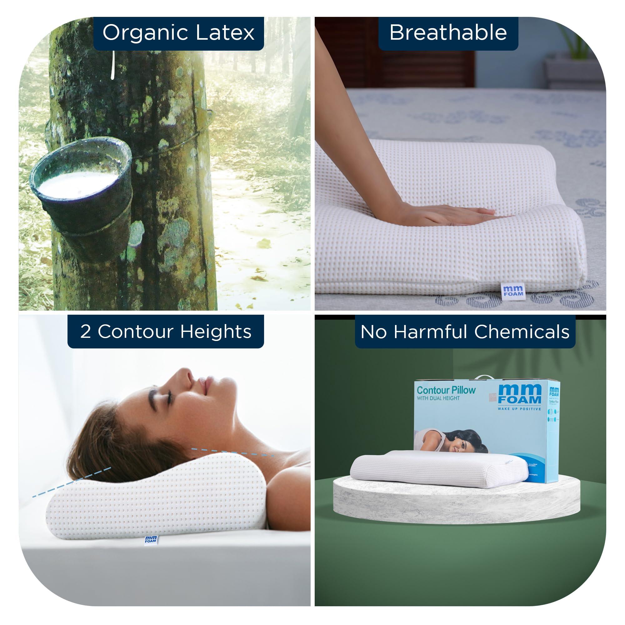 MM FOAM MM FOAM Contour Pillow - 100% Organic Natural Latex with Dual Heights for Custom Comfort and Support | Snugs Your Head and Neck (20.7x13.8x3.34/2.95 inches)