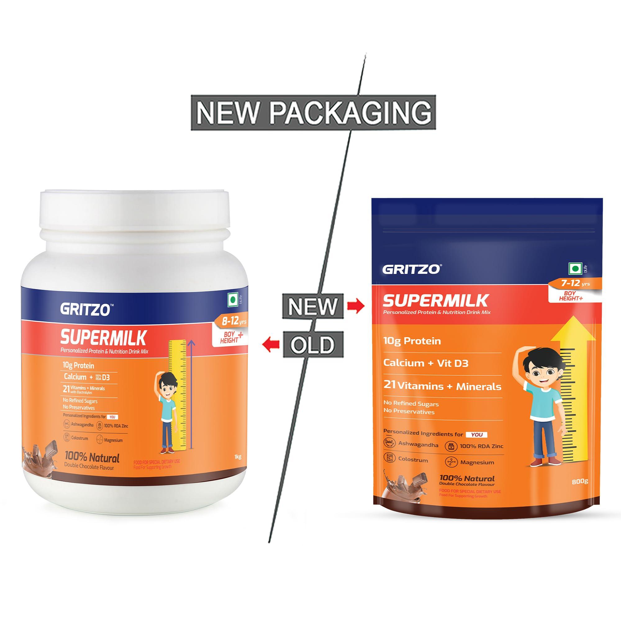 Gritzo Gritzo SuperMilk Height+ (7-12y Boys), 10g Protein Powder (Double Chocolate, 1kg) | Zero Refined Sugar, 21 Vitamins & Minerals