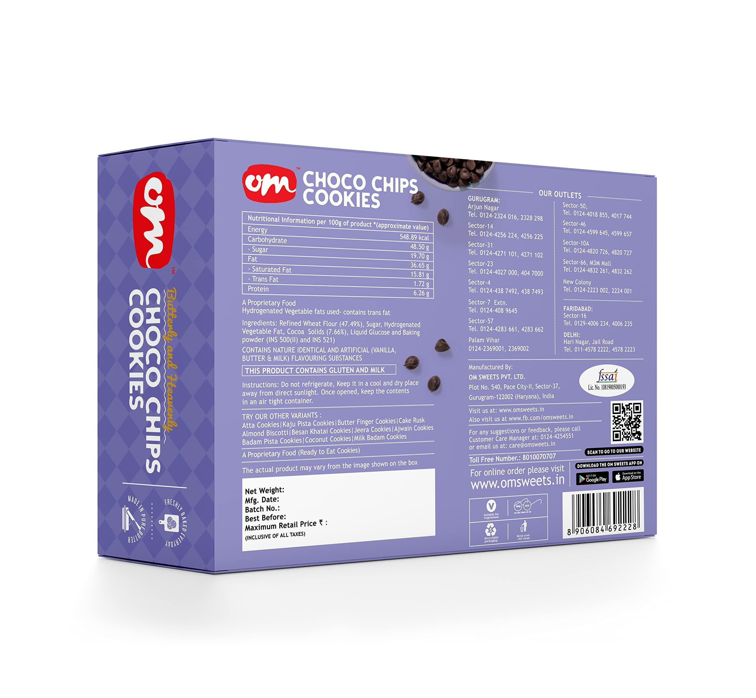 OM SWEETS & SNACKS Om Sweets and Snacks Chocolate Chips Cookies | No added colours or preservatives | Fresh Products | Ready to eat | Finest snack | Tea time snacks | 350 Gms each | Pack of 2