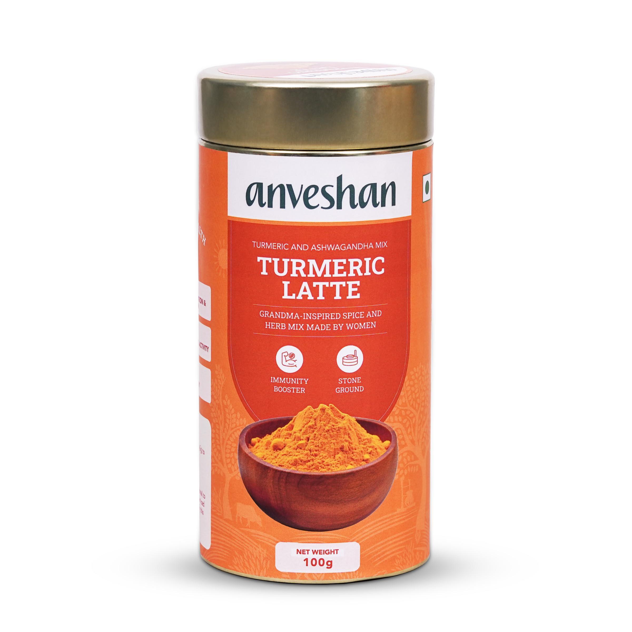 Anveshan Empowering farmers with technology Anveshan Turmeric Latte 100g | Healthy Ayurvedic Remedy with Ashwagandha Mix for Golden Milk | Haldi Mix.