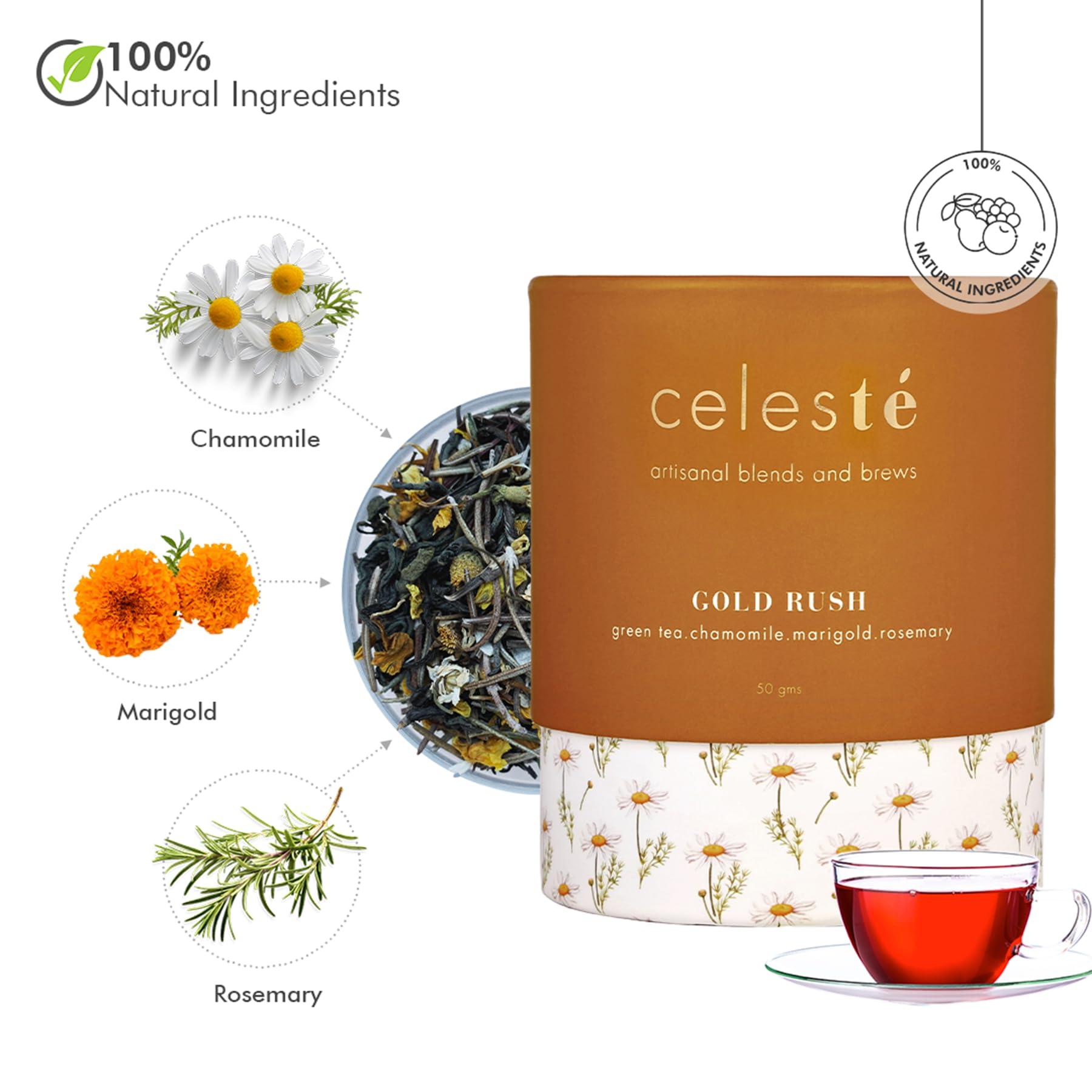 Celeste Celeste Green Tea GOLD RUSH  Premium Whole Leaf, 100% Natural Ingredients Chamomile, Marigold, Rosemary and Green Tea, 50gm - 20 Cups
