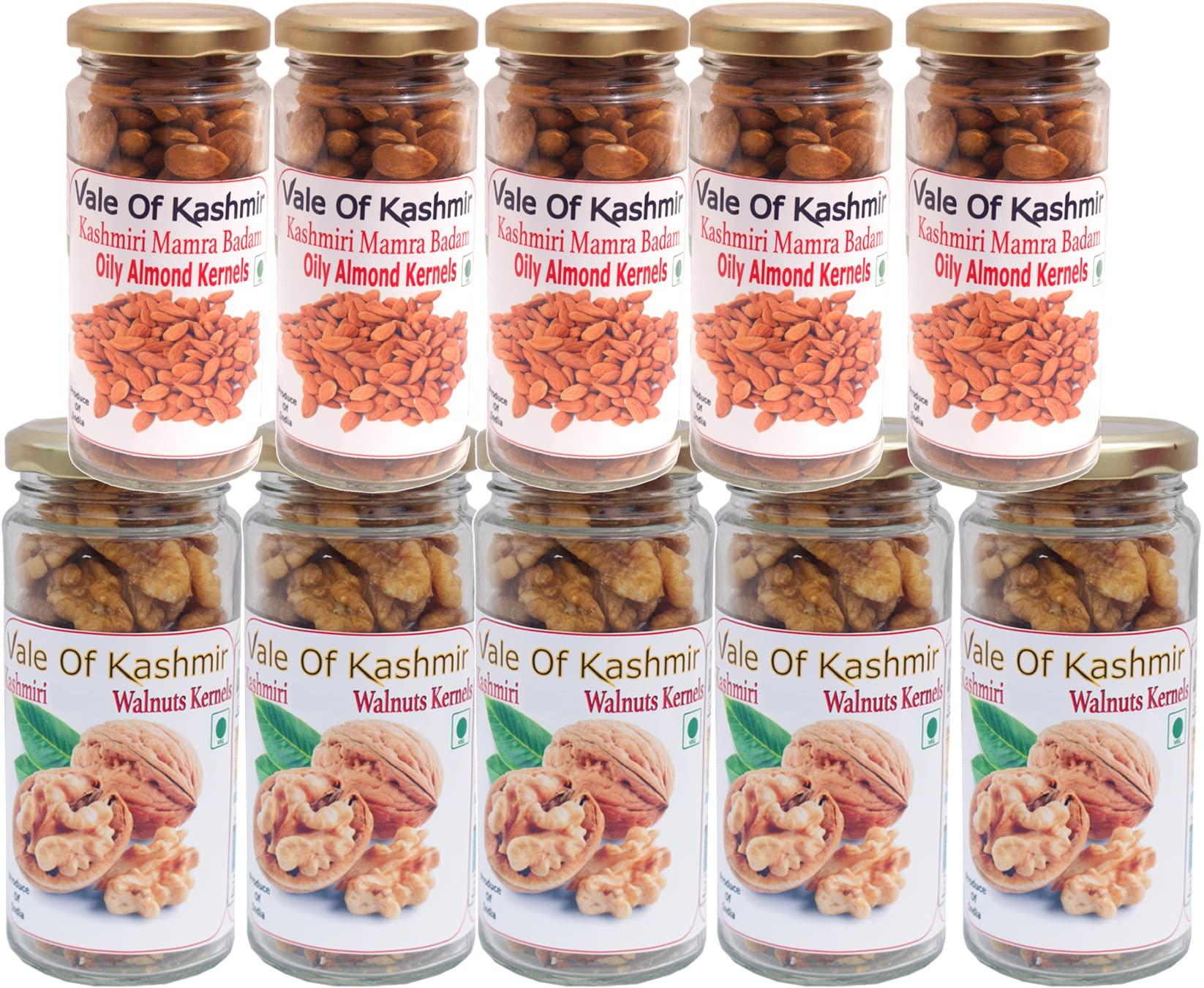 Vale Of Kashmir Vale Of Kashmir Kashmiri Walnut Kernels & Kashmiri Mamra Almonds in Glass Bottle 1kg , Pack of 10 Kashmiri Akhrot Bdam Giri 500gm Each