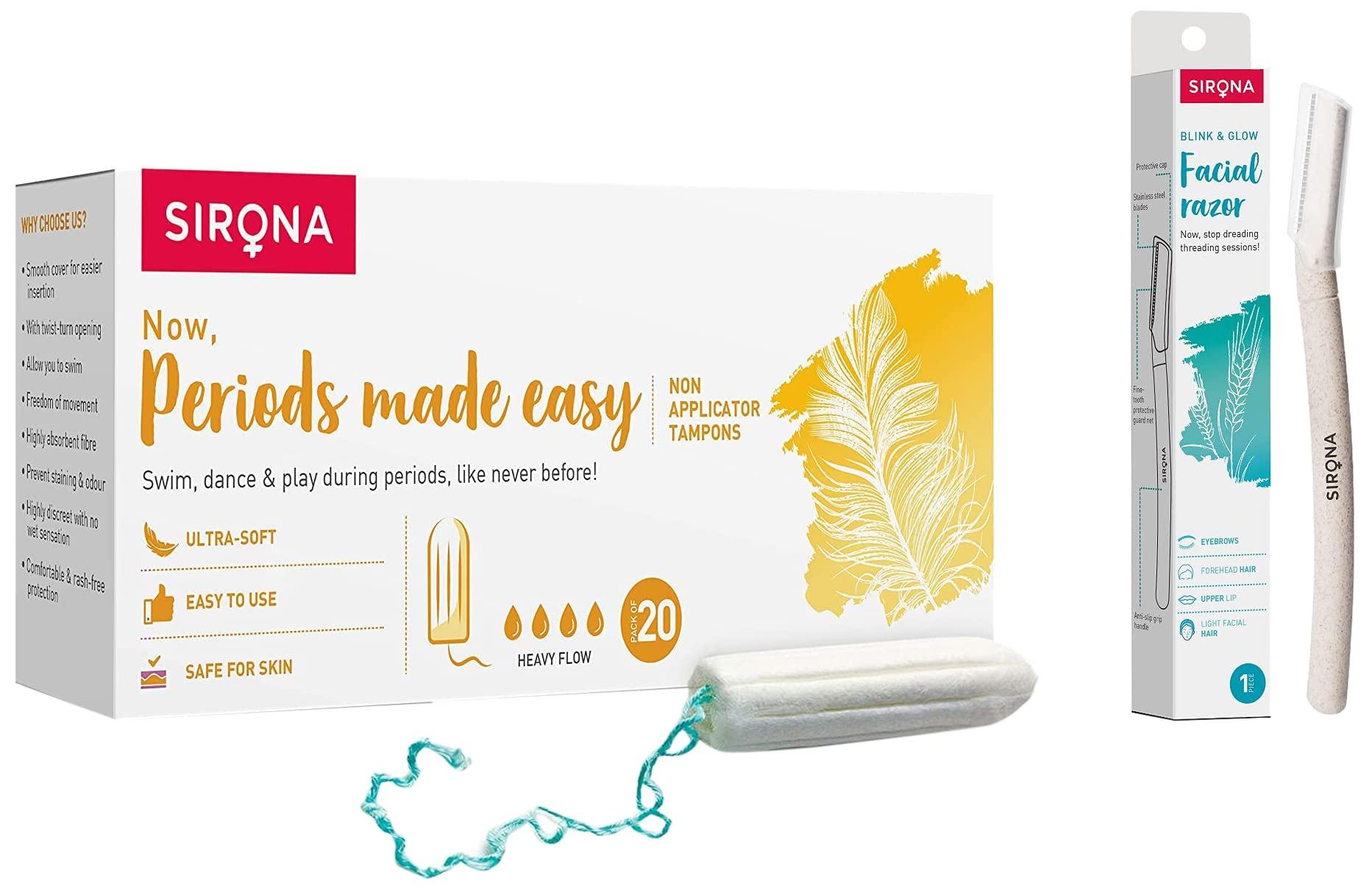 Sirona Sirona Period Made Easy Tampons - 20 Piece & Sirona Reusable Blink & Glow Face Razor for Women - 1 Razor