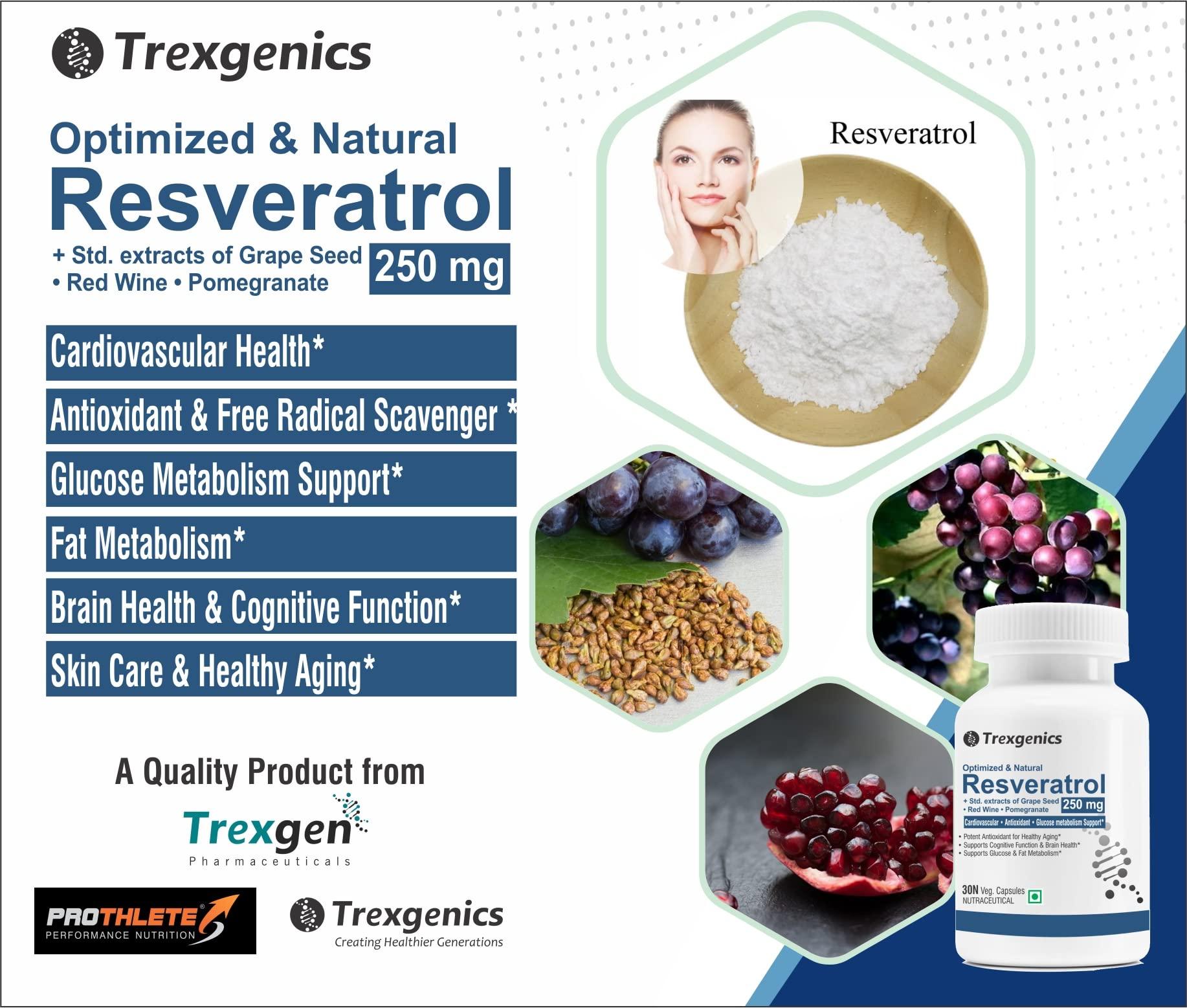 Trexgenics Trexgenics Natural RESVERATROL 250 mg + Grape Seed OPC, Pomegranate Ellagic acid, Red Wine Cardiovascular Health, Antioxidant & Glucose Metabolism VEGAN & NON-GMO (30 Veg. Capsules) (Pack of 1)
