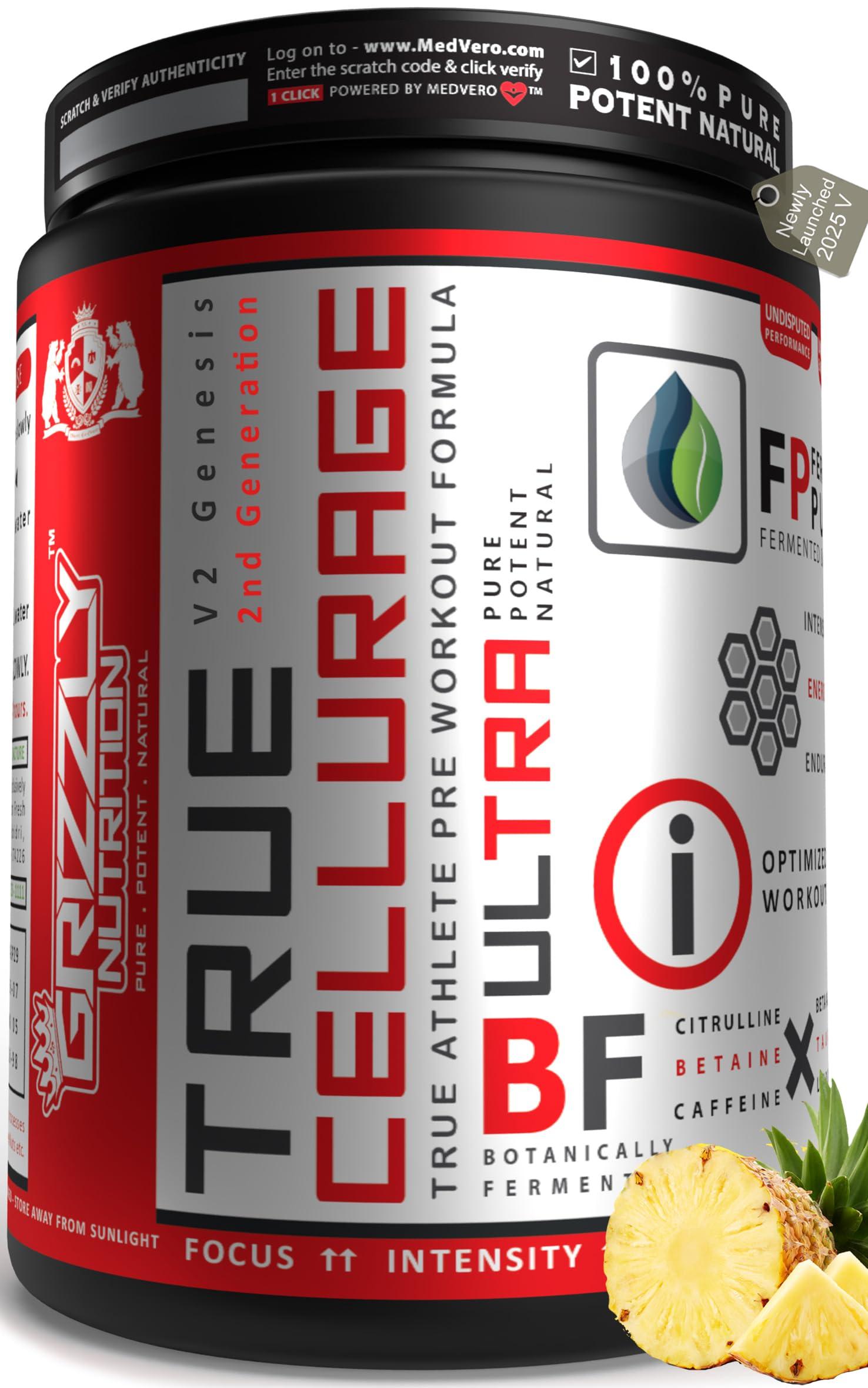 Grizzly Nutrition Grizzly Nutrition , True Cellurage, Pre Workout, Upto 65 Servings, Citrulline, Beta Alanine, Caffeine +13 Performance Boosters,160 Grams (Mexican Pineapple), Powder