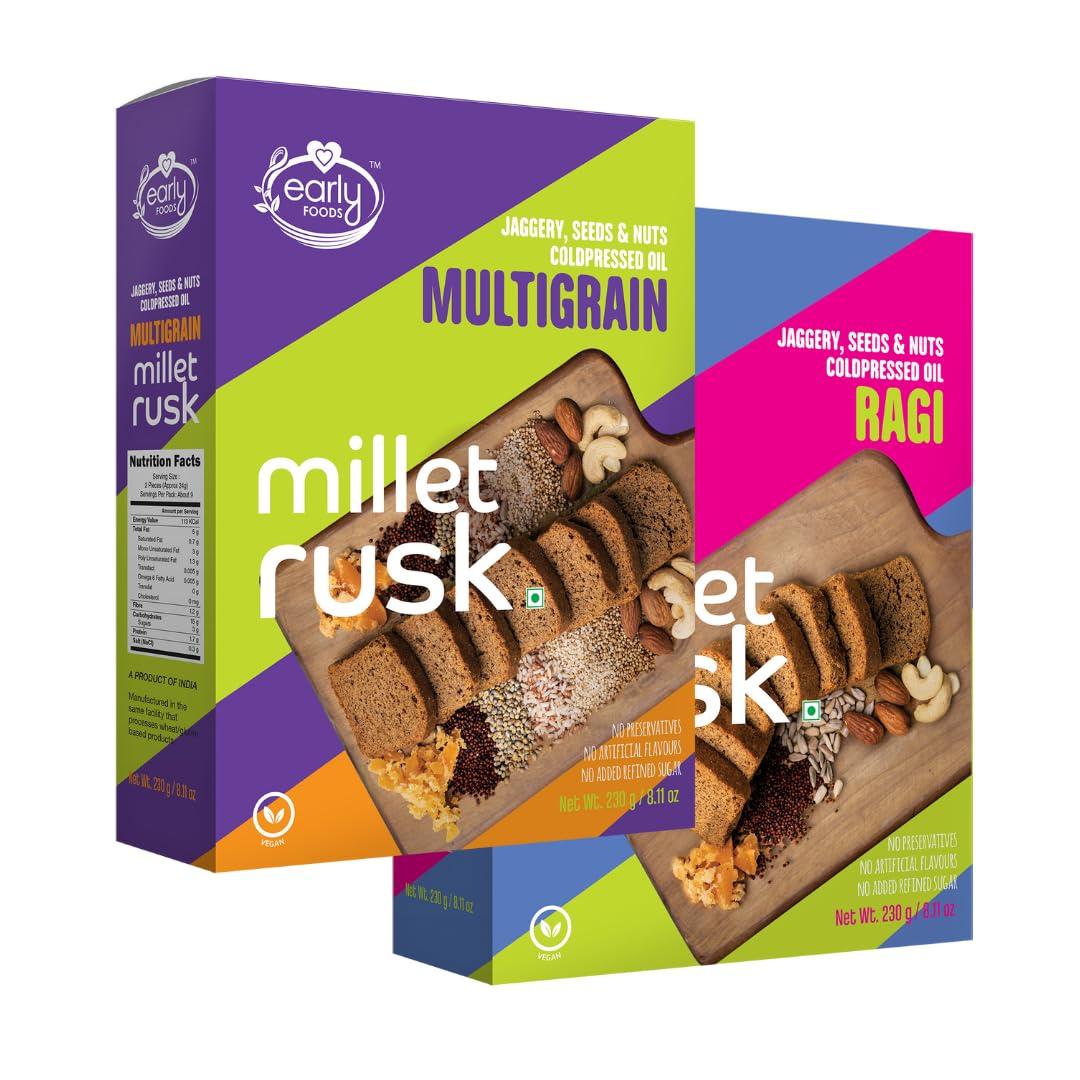 Early Foods Early Foods Assorted Pack of 2: ZERO Maida Ragi Rusk & Multigrain Rusk | Sugarfree Millet Rusk with Jaggery | Millet & Atta Rusk No Maida | Kids Snack | 230g x 2