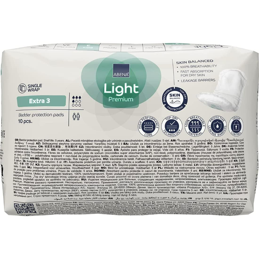 ABENA Abena Light Incontinence Pads For Women, Anatomically Designed Barriers For Urinary Leak Protection, Breathable, Comfortable & Fast Absorption, Self-adhesive Strips - Light Extra 3, 500ml, 10 Count