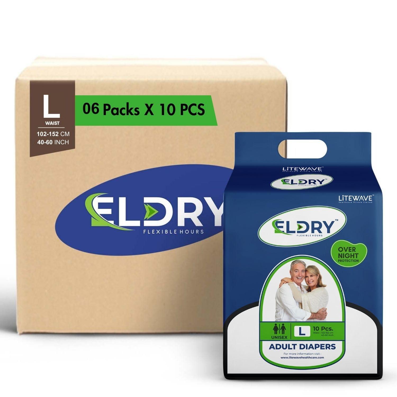 ELDRY Eldry Adult Diaper, Tape Style, Large (L) Size, 60 Count, Unisex, Waist Size (40-60 Inch | 102-152 cm), Super Absorbent Core, Wetness Indicator, Overnight Protection, Pack of 6