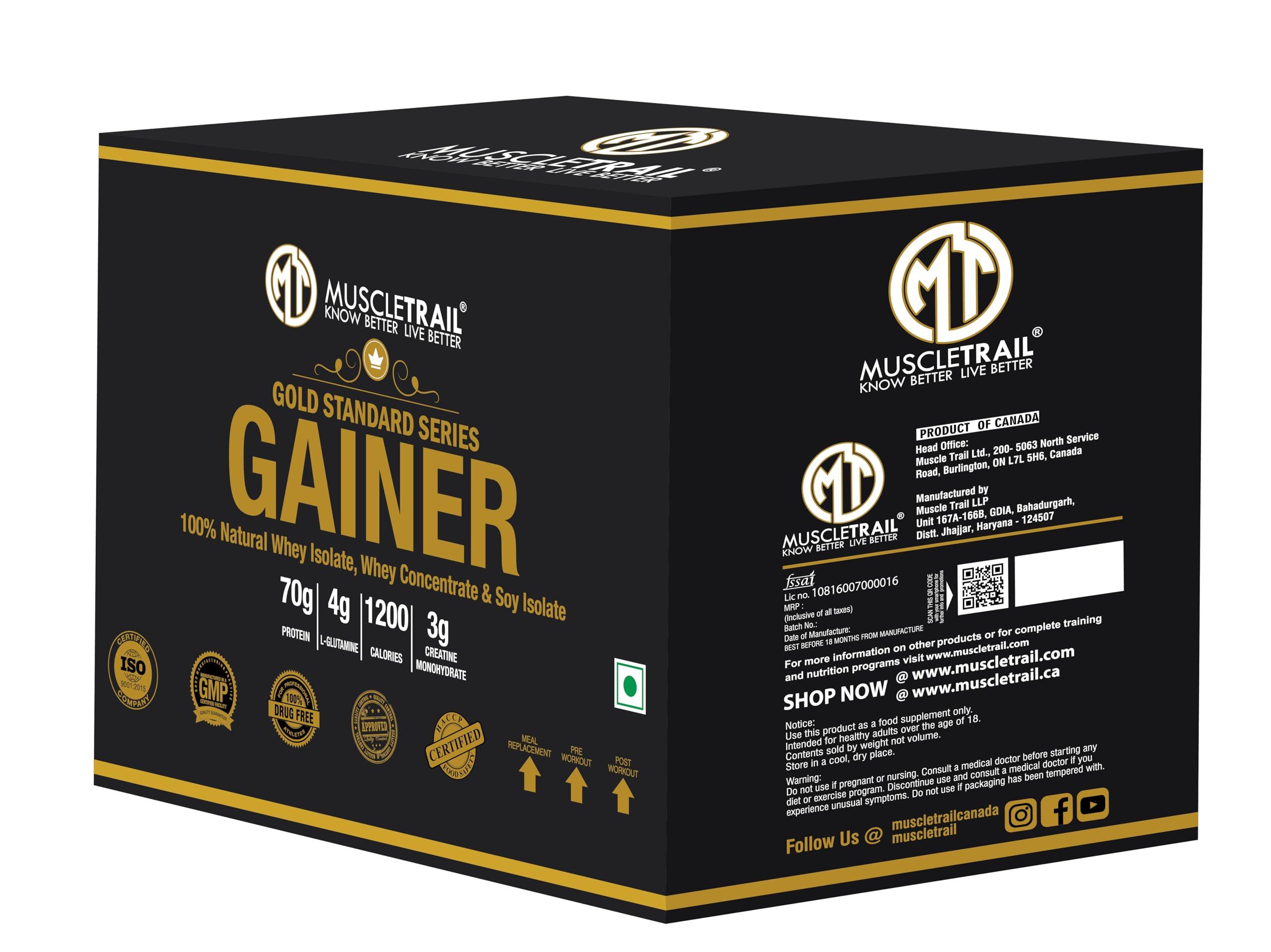 MUSCLETRAIL Muscle Trail Gold Standard Gainer Box Powder |30 pouches, 70g Protein | Composite Carbohydrates for Super Gain | 4g L-Glutamine, 1200 Calories, 3g Creatine Monohydrate (1.5kg, Strawberry)