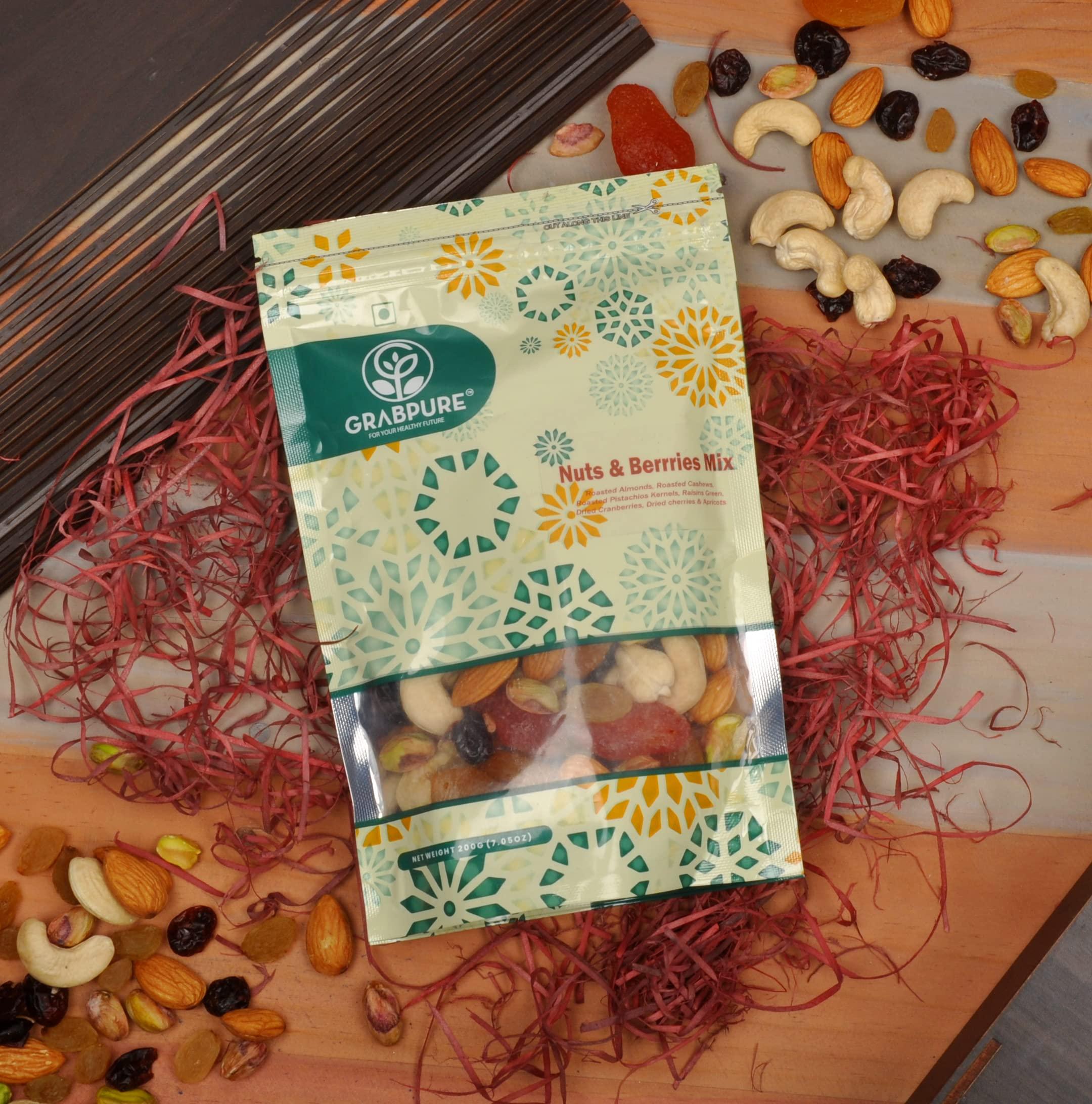 GRABPURE GRABPURE Nuts & Berries Mix Dry Fruits Nutritious Healthy Snack | Almonds, Apricots, Cashews, Cranberries, strawberries, Pistachios, Raisins | 200g Each (Pack of 2)