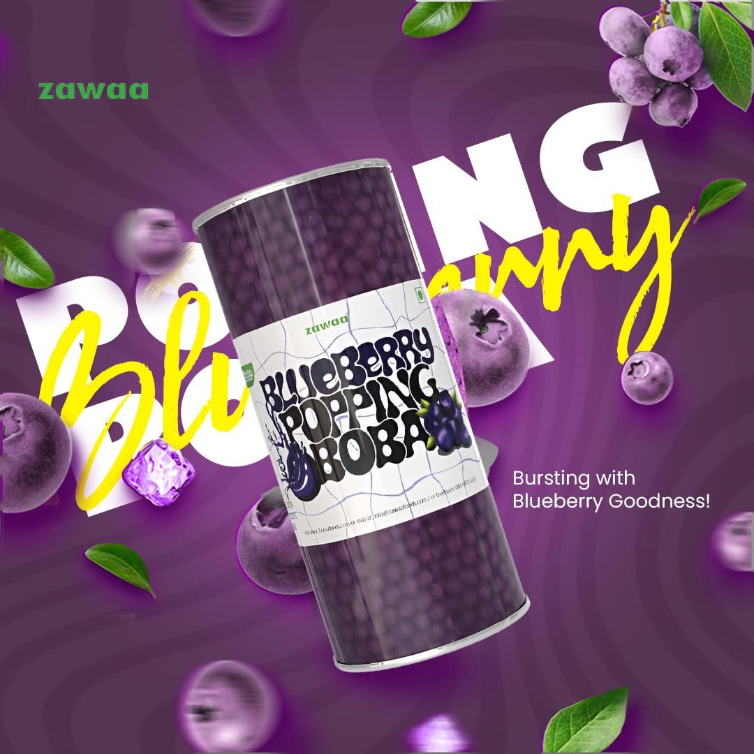 ZAWAA ZAWAA Foods Blueberry Popping Boba Pearls 1Kg - Bursting Bubble Tea With 10 Free paper straw, Vegan | Perfect for Ice-cream, Tea, Smoothies, Falooda, Puddings, Cakes, Froyo, Milkshake, Coffee- Hot & Cold Milk Drinks