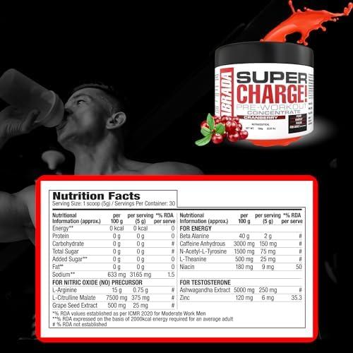 Labrada Labrada Super Charge Pre-Workout Concentrate 150g, Cranberry (30 Servings | 0.75g L-Arginine |375mg L-Citrulline Malate |2g Beta Alanine | 150mg Caffeine Anhydrous | 250mg Ashwagandha Extract)