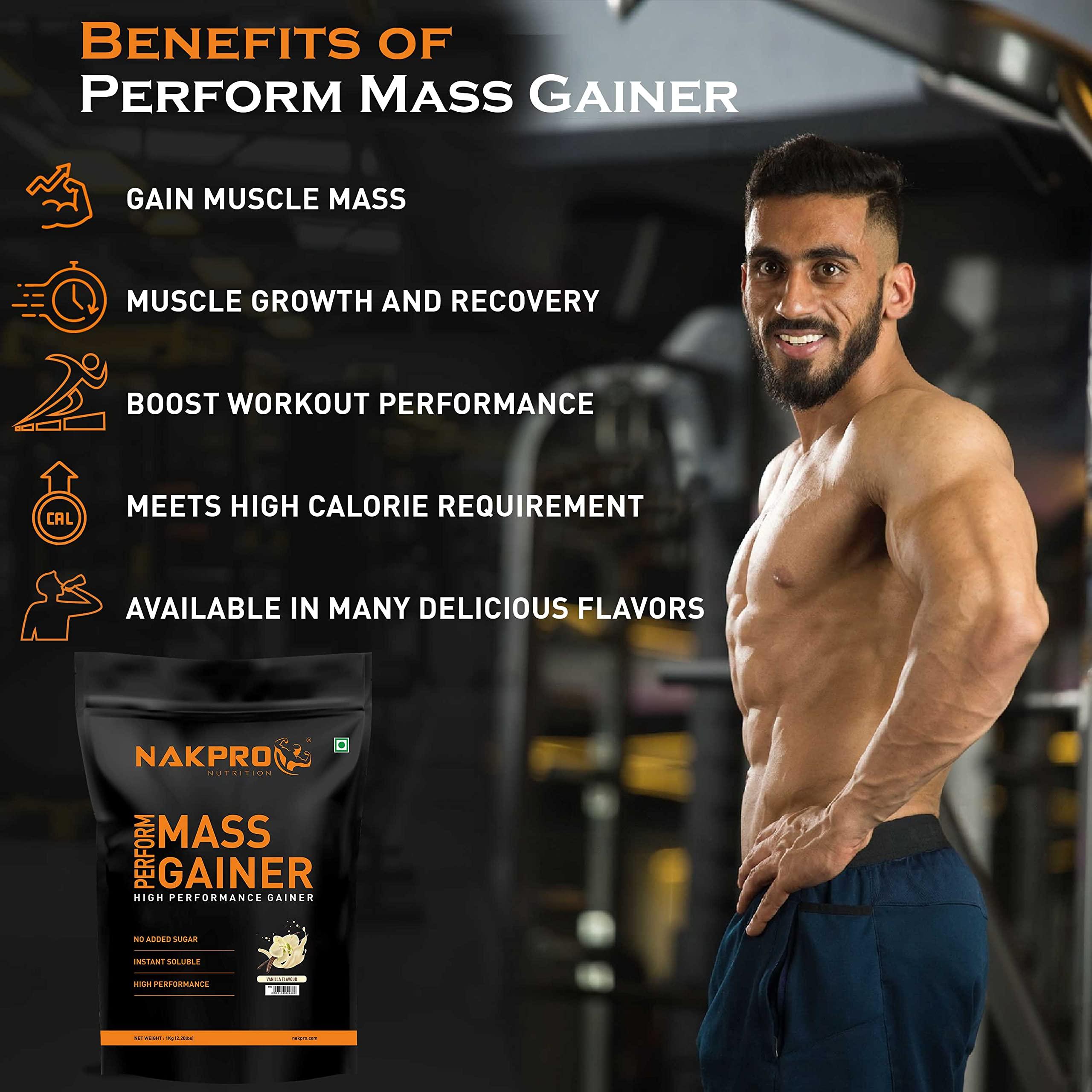 NAKPRO NAKPRO PERFORM MASS GAINER | High Protein & High Calorie | 15g Protein, 3.3g BCAA | Added Vitamins & Minerals | Easy Mixing, Easy Digesting Mass Gainer Powder for Men & Women | 1 Kg Vanilla Flavour (10 Servings)
