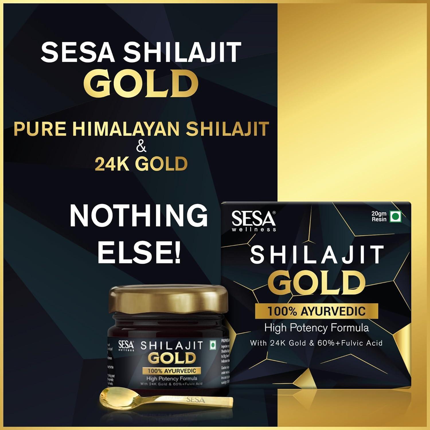 sesa SESA Shilajit Gold Resin 40g With 24k Gold 60%+ Fulvic Acid (Certificate Included) Helps Boost Stamina, Immunity & Muscle Recovery 100% Ayurvedic - 20 g (Pack of 2)