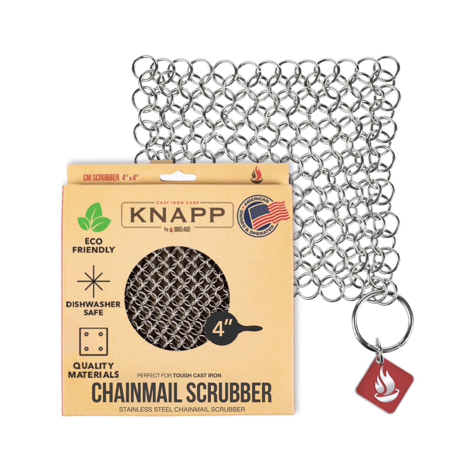 CM SCRUBBER CM SCRUBBER Knapp Made Original 4\" Cast Iron Scrubber- Chainmail Scrubber for Cast Iron Pans, Hard Anodized Cookware and Other Pots. Stainless Steel Cast Iron Cleaner.