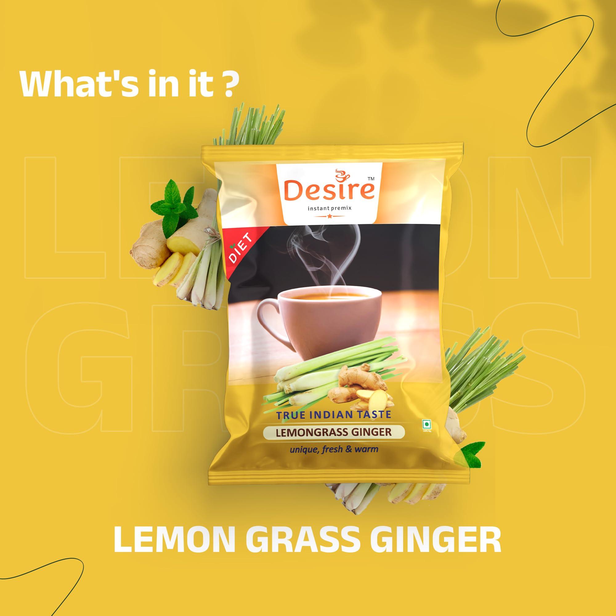 Desire instant premix Desire Instant Premix Lemongrass Ginger Tea Powder Low Sugar (Diet) - Boost Immunity Chai - Ideal for Manual or Vending Machines Use - Infused with Natural Lemongrass Plant and Ginger Extract - 500g