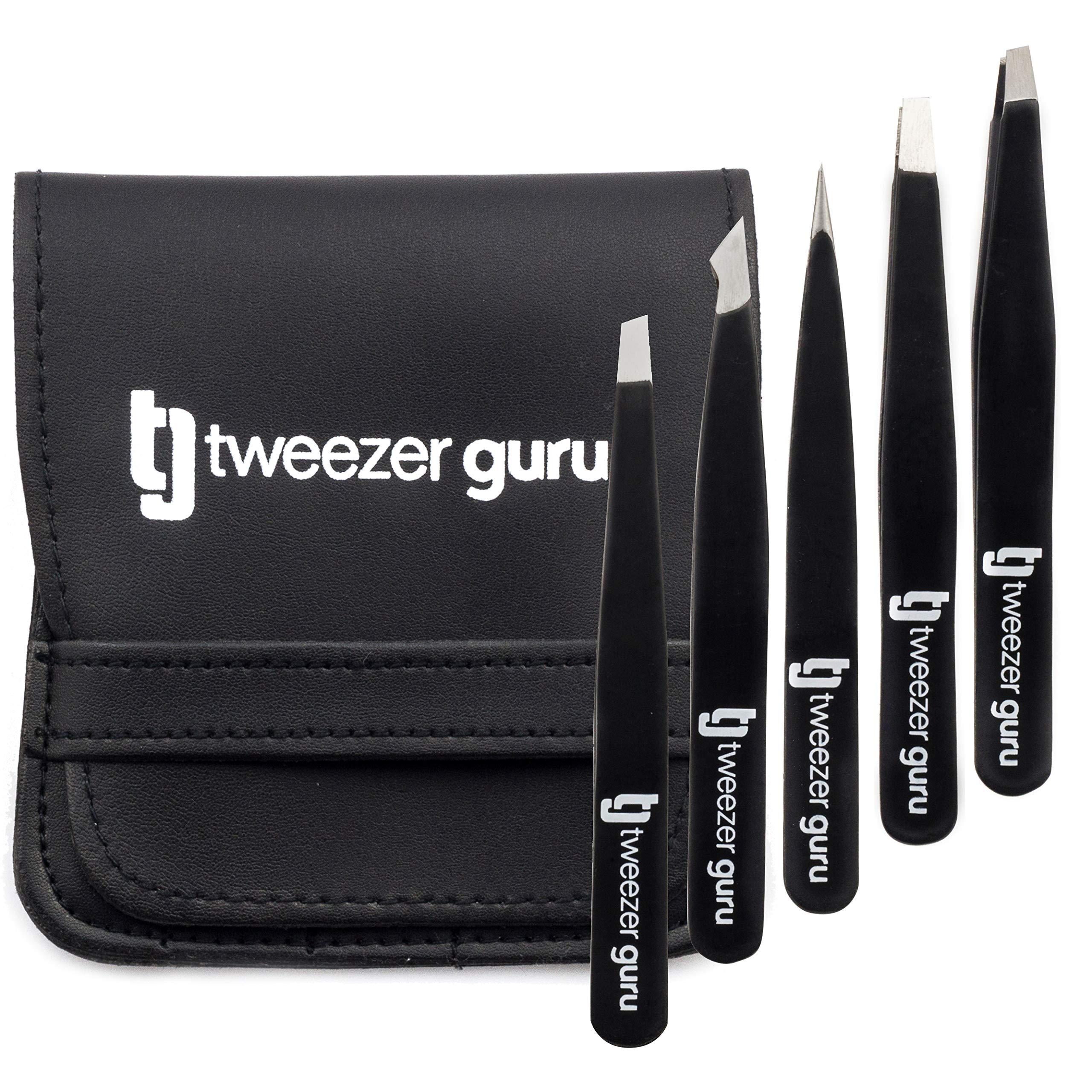 Tweezer Guru Tweezers Set 5-piece - Tweezer Guru Stainless Steel Slant Tip and Pointed Eyebrow Tweezer Set - Great Precision for Facial Hair, Ingrown Hair, Splinter, Blackhead and Tick Remover (Black)