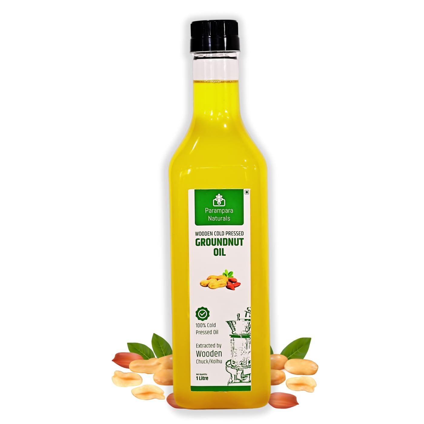 Parampara Naturals Parampara Naturals Peanut Oil Wood Pressed Unrefined Edible for Cooking Cold Pressed Mungfalli Tel Pure & Natural Kacchi Ghani/Chekku Sing Tel Wooden Churner Extraction 1 Litre
