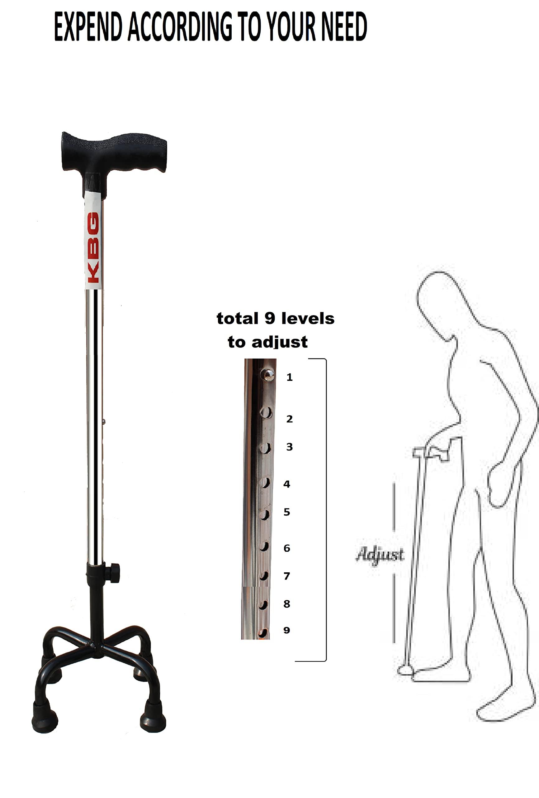 KBG KBG Four Leg Walking Stick with Height Adjustable Walking Cane Quadripod Walking Stick for Elderly & Those Physically Challenged (Chrome Finish)
