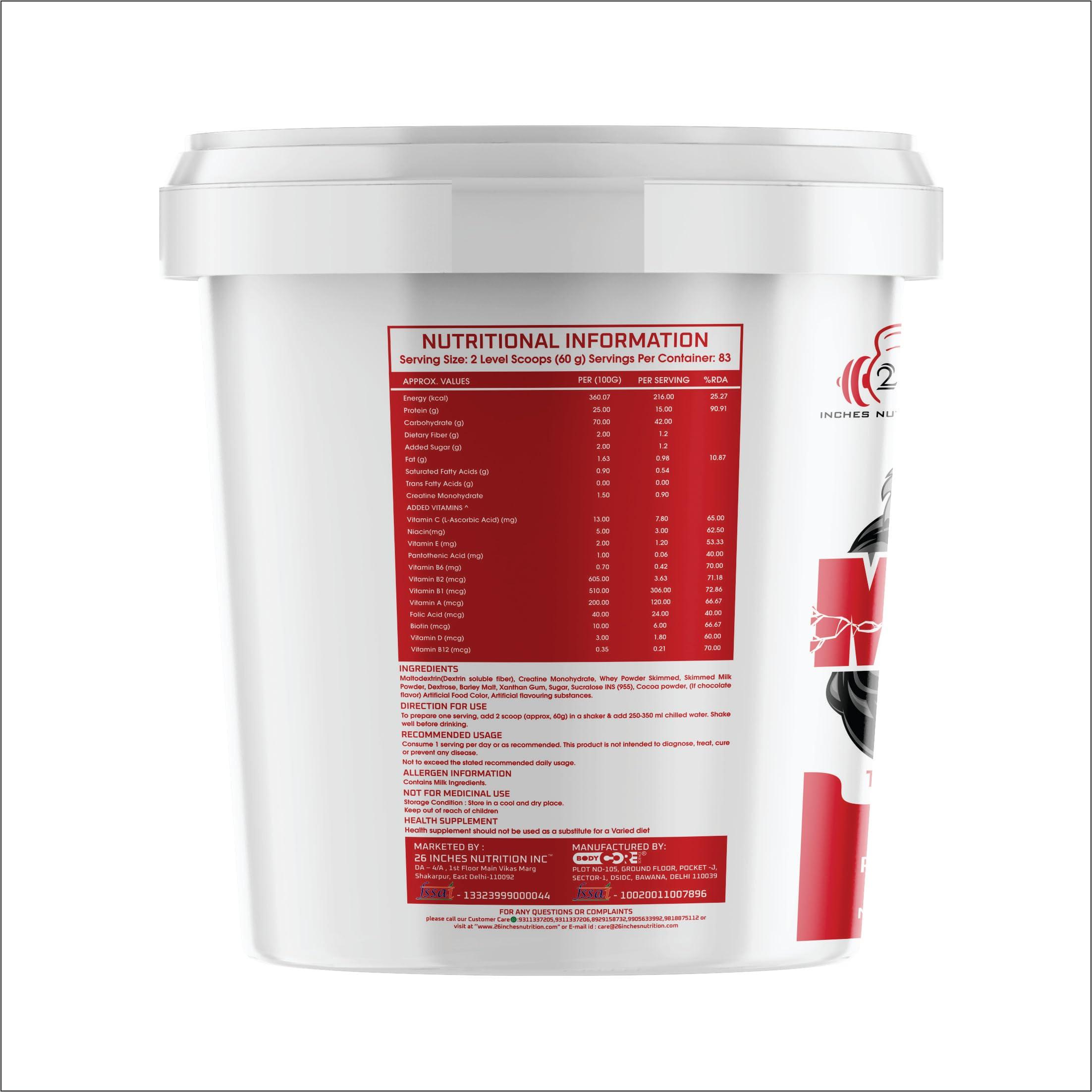 26 INCHES NUTRITION INC Titile 26INCHES NUTRITIONS INC Monster Mass Gainer-5Kg with BCS Bulk Gain-100 Capsules (Mango)