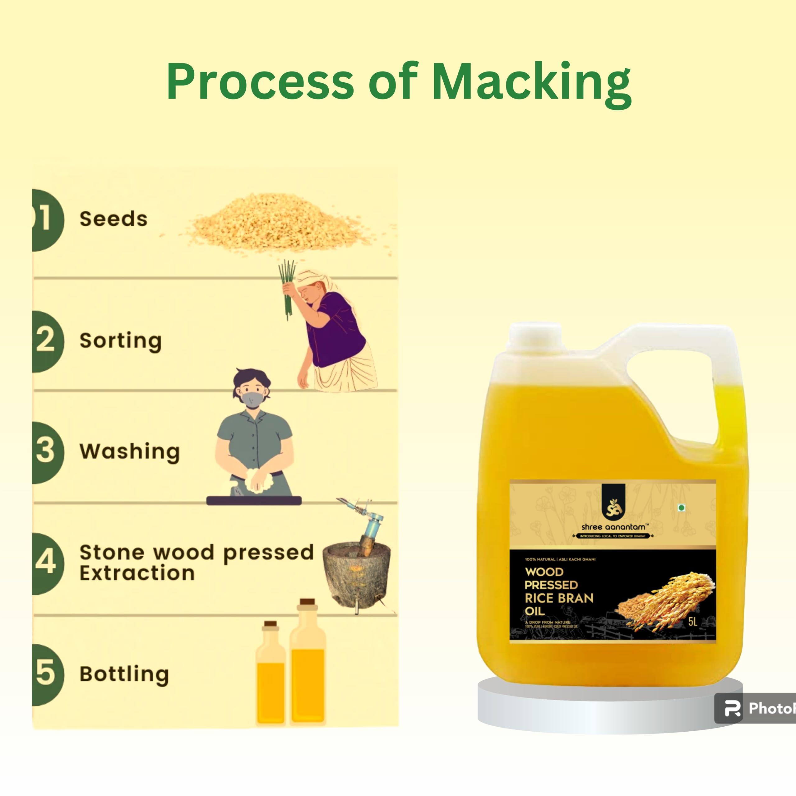 Shree Aanantam Shree Aanantam Cold Pressed Rice Bran Oil - 5 Litre | Bottle | Kolhu/Kacchi Ghani/Chekku | 100% Pure & Natural | Chemical-Free | Wood Pressed Rice Bran Oil for Cooking - 5L (Pack of 1)