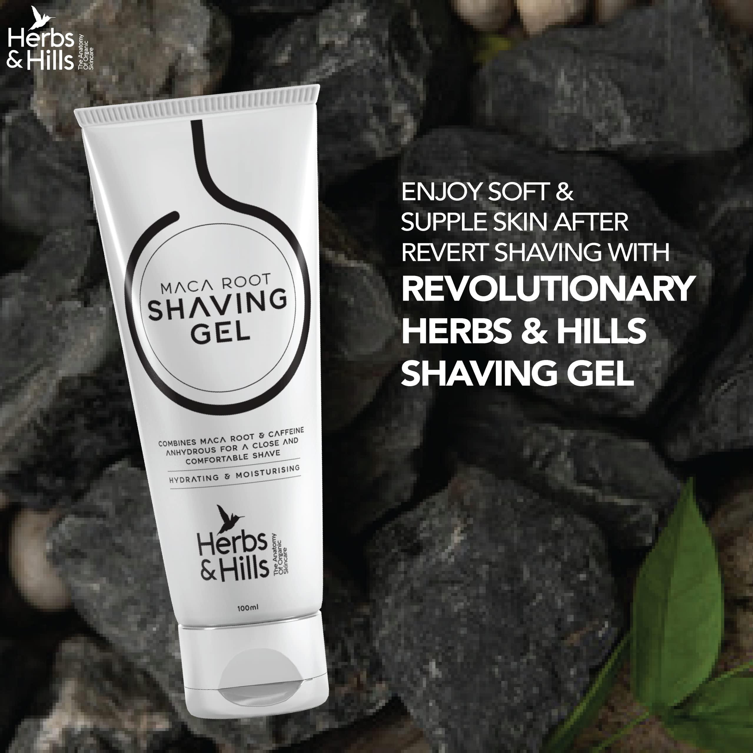 HERBS & HILLS Herbs & Hills Shaving Gel for Mens - 100ml Combines MACA Root & Caffeine Anhydrous for a Close and Comfortable Shave, Protect Skin from Redness, Irritation & Razor Burn Better than Foam