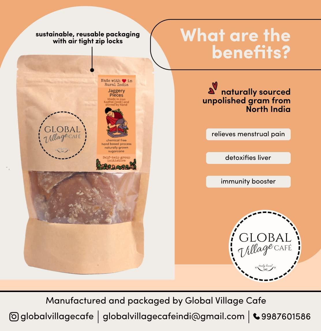 GLOBAL VILLAGE CAFE GLOBAL VILLAGE CAFE Jaggery, Gudh/Gur/Gud Cubes 600gr | Natural, No Added Sugar, No Color (Pack of 2x600gr)