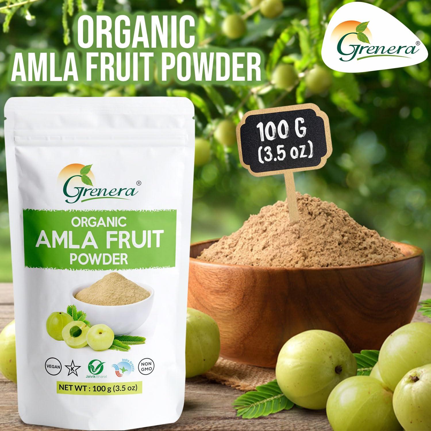 GRENERA Grenera Organic Amla Fruit Powder 100 grams for Multi purpose use. Indian Gooseberries for drinking and eating, no added preservatives