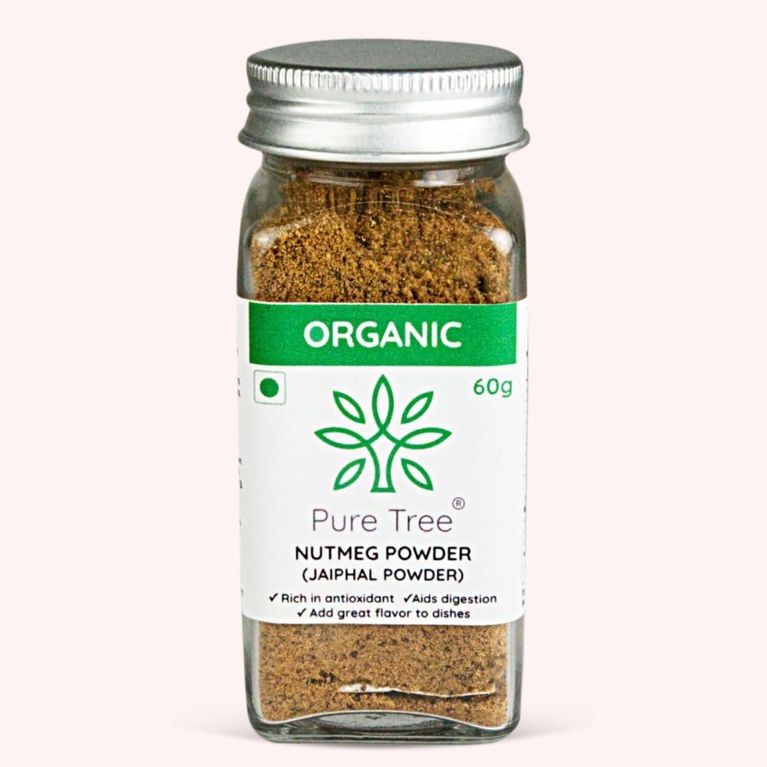 Pure Tree Pure Tree Certified Organic Nutmeg Powder | 60 g | Glass Jar | Grounded Jaiphal Powder Jathikai Powder | Organic Jaifal Powder for Baby | Jayfal, Myristica Fragrans