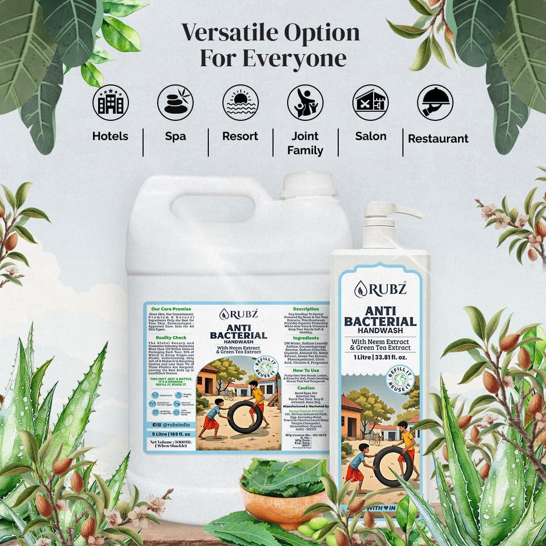 Rubz Rubz Antibacterial Handwash Refill Pack 5 Litre with 500ml bottle | Paraben Free Liquid Gel | Complete Protection for Soft Hands | Best for Hotel, Spa, Salon, Family, Gym | Total 5.5 Litre