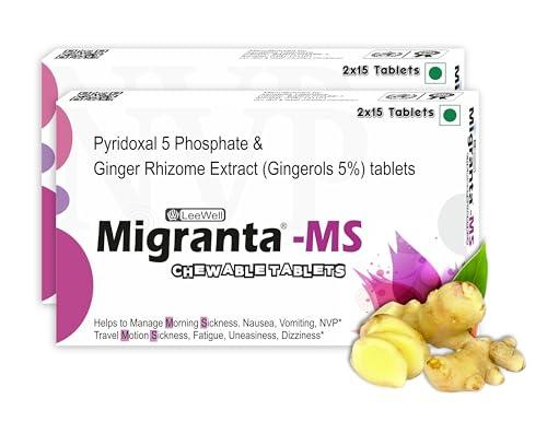 MIGRANTA Migranta -Ms Chewable Ginger Candy for Mild Acid Reflux, Nausea Vomiting Relief | Ginger with vitamin B6 (pyridoxine) | Accelerates Gastric Emptying, Gastrointestinal Motility | Morning Sickness & Nvp support - 60 tablets Sugarfree