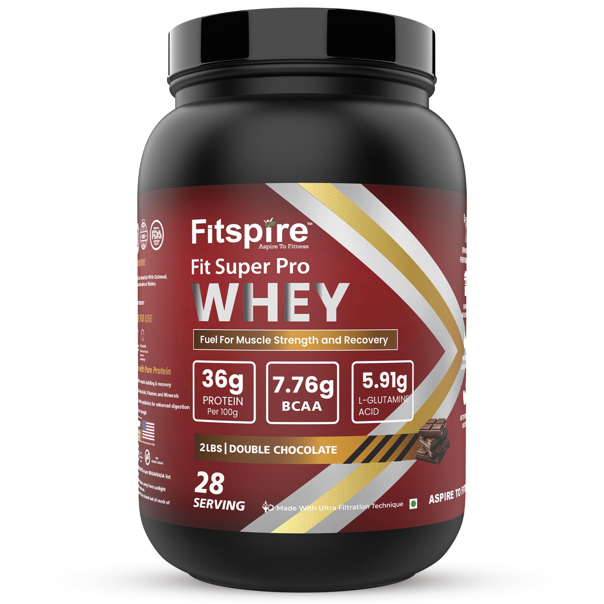 Fitspire Fitspire Fit Super Pro Whey Protein | 36g Protein & 7.76g BCAA Per 100g | Rich in Pre & Probiotics | Whey Fuel For Muscle Strength & Recovery | Double Chocolate- 2lbs