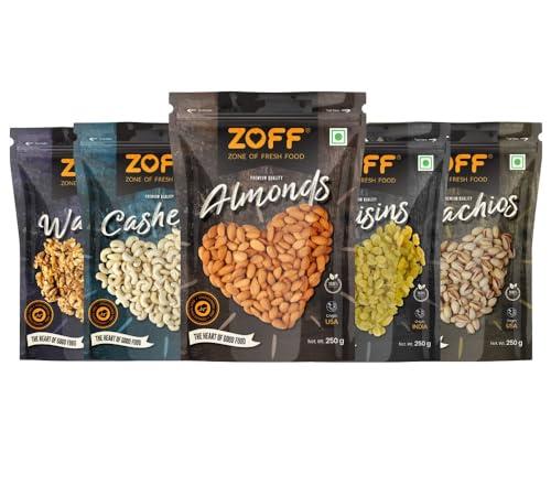 Zoff Zoff Premium Daily Needs Mixed Dry Fruits Combo - Almonds, Cashews, Raisins, Roasted Pistachios, & Walnut Halves 250g Each | Premium Zip Lock Pouch | Net weight - 1.25Kg