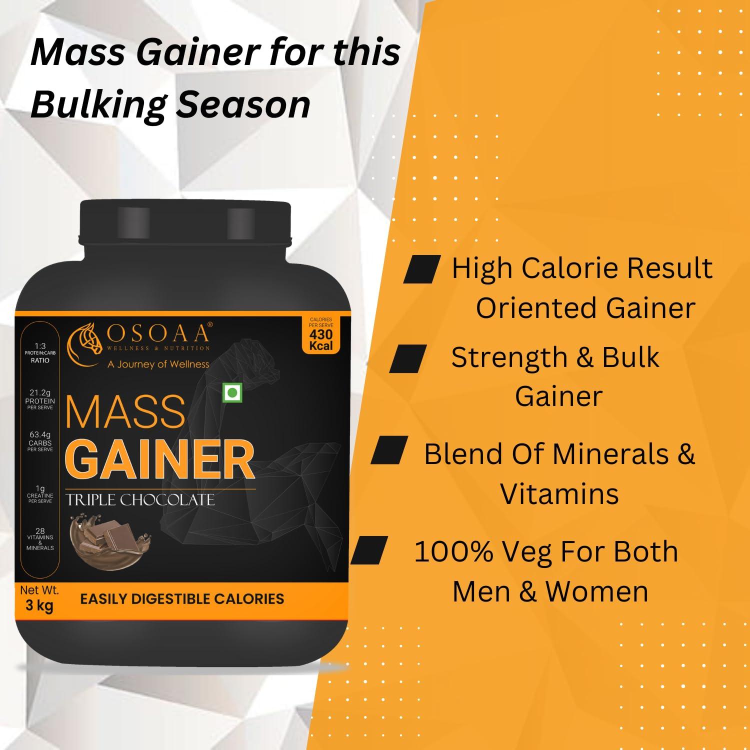 OSOAA OSOAA Lean Mass Gainer 3Kg |(Triple Chocolate) | With 3g Creatine & 21g Protein | 420 Calories & 21G Protein | Added Digestive Enzymes | 28 Added Vitamins