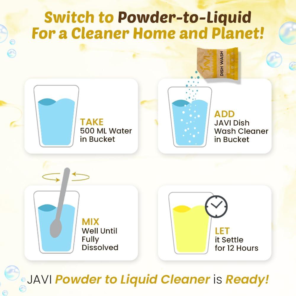 JAVI JAVI Dish Wash Powder to Liquid Refill Pack (10 Sachet = 5 Ltr) | Natural, Plant Based, Non Toxic & Eco-Friendly | Remove tough grease, soft on hands | Baby Safe & Pet safe | Crockery wash