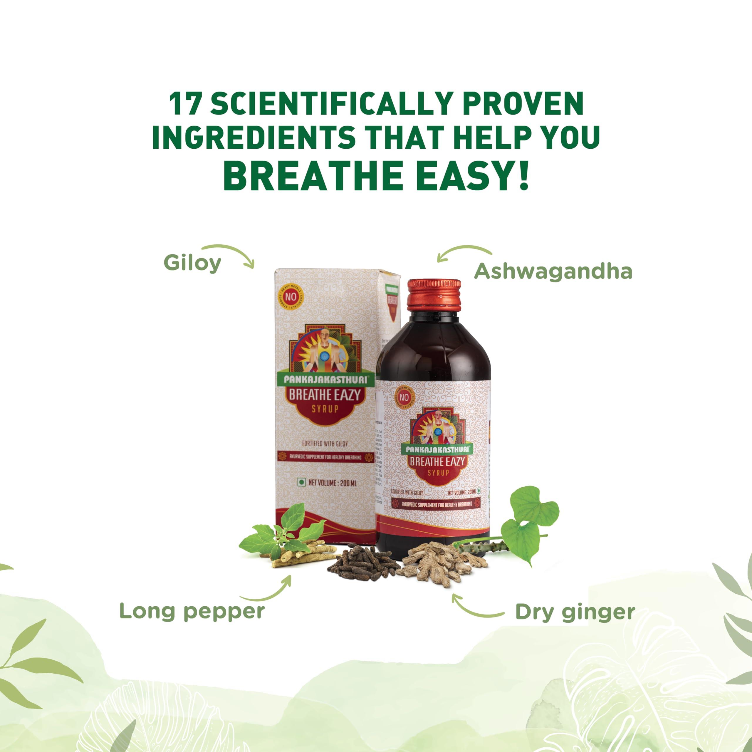 PANKAJAKASTHURI Pankajakasthuri Breathe Eazy Syrup Ayurvedic For Cough & Cold, Sinus, Asthma, Bronchitis & Breathing Disorders | Natural Immunity Booster | Unique Blend of 17 Ayurvedic Herbs - 200ml