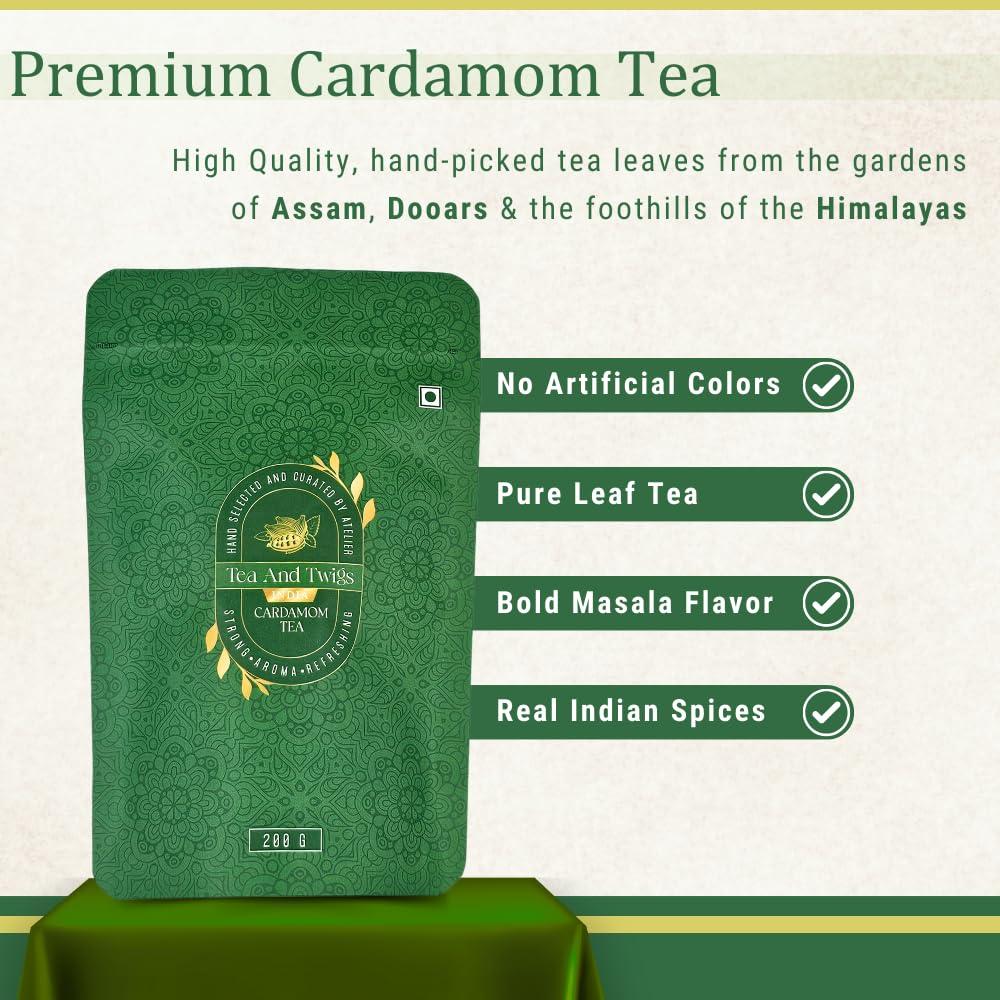TEA AND TWIGS Tea and Twigs Cardamom Tea - 200 gm | Elaichi Tea | Premium Indian Chai with CTC Black Tea And Real Cardamom | Assam & Dooars