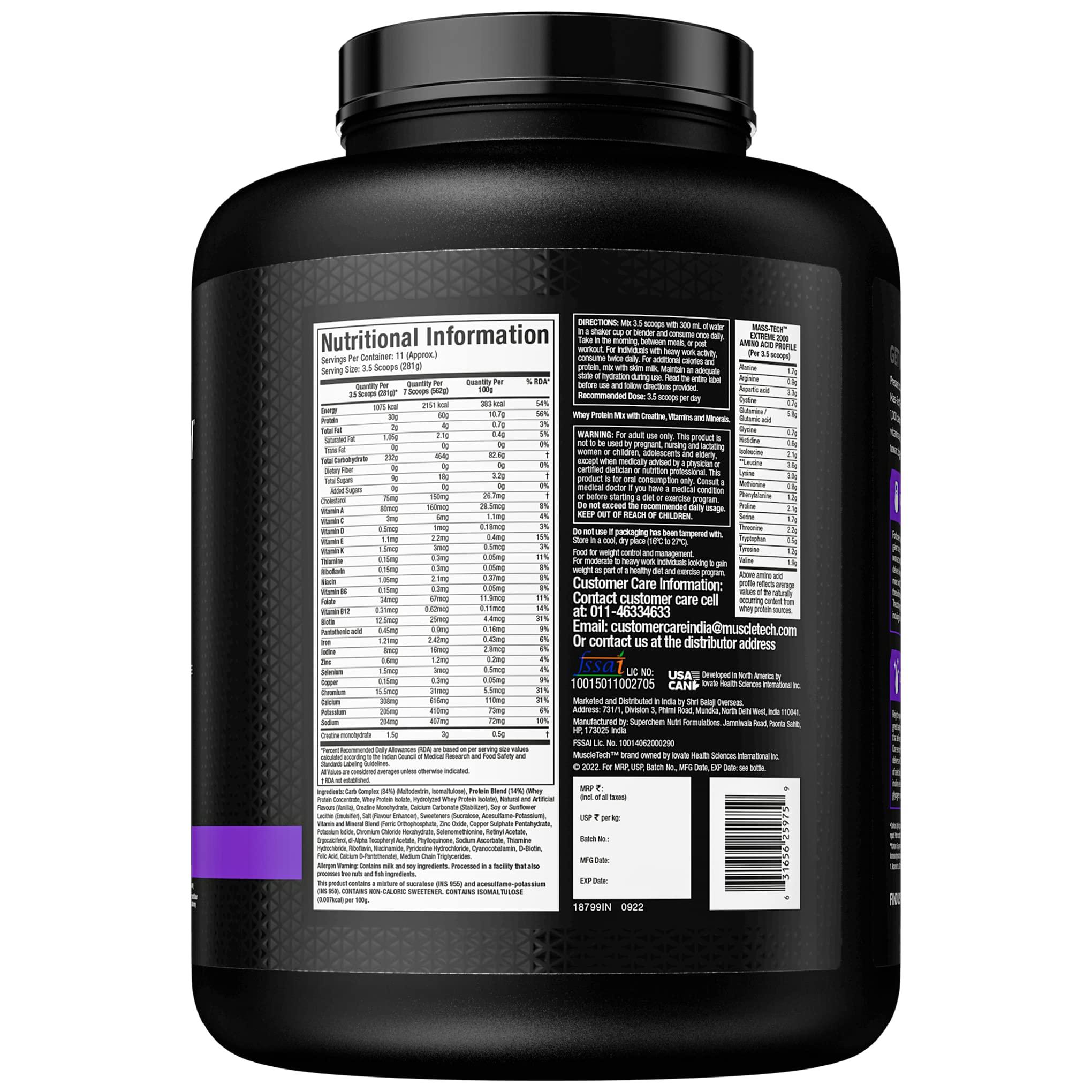 MuscleTech MuscleTech Masstech Extreme 2000 High Protein Food For Weight Gainer (30G Protein,1075 Kcal,1.5G Creatine&Added Vitamin&Minerals) Veg Mass Gainer-Vanilla Milkshake-3Kg,Powder