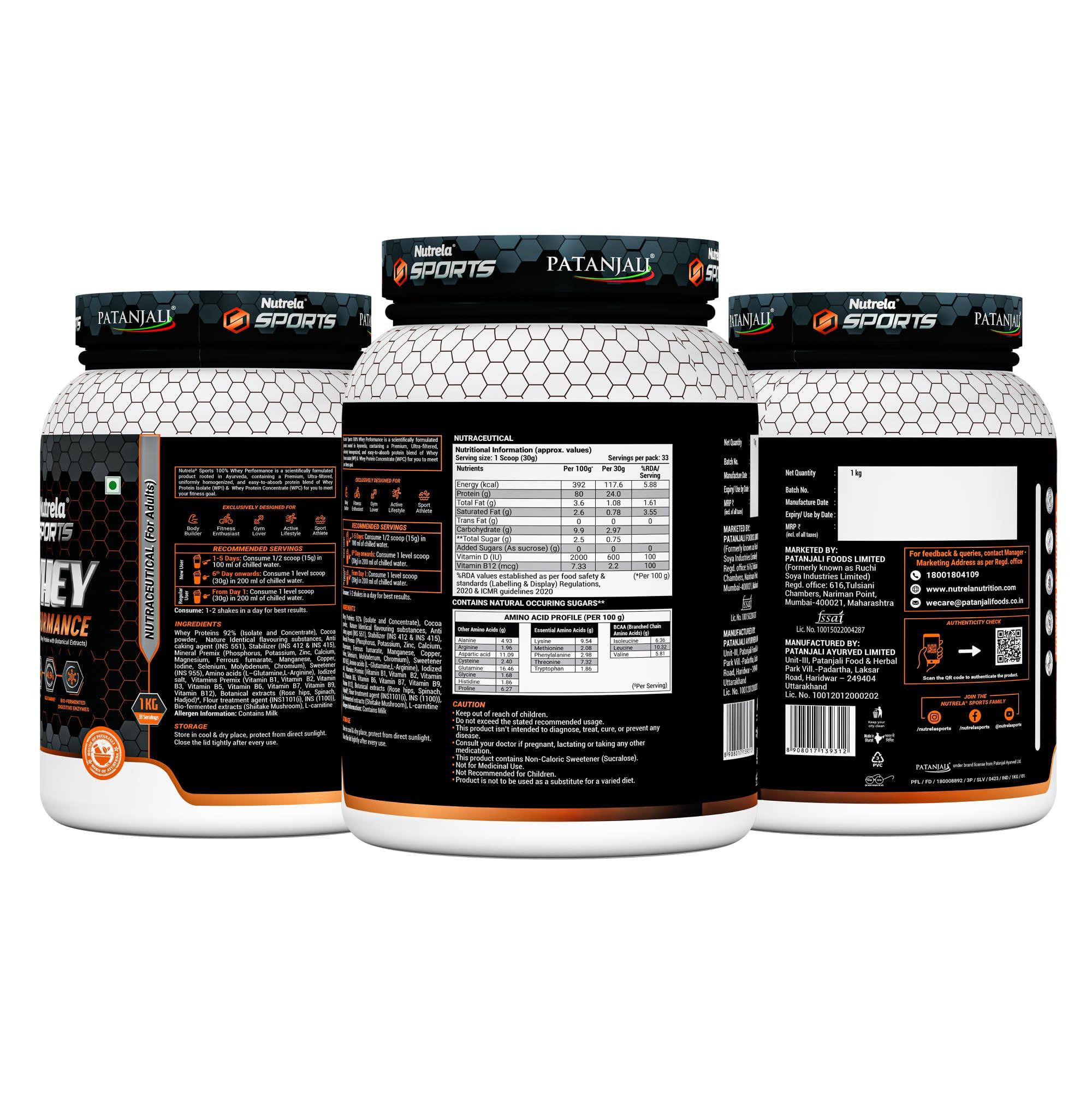 NUTRELA NUTRELA Sports Patanjali Premium 100% Whey Concentrate with Isolate Protein Powder | 80% Protein, 6.7g BCAA, 4.9g Glutamine | 1kg  Irish Chocolate Flavour