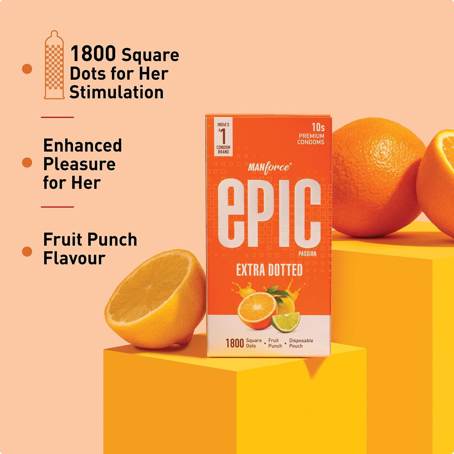 Manforce Manforce Epic Passion Fruit Punch (1800 Square Dots) Flavoured & Pleasure Raspberry Flavoured Condoms, With Disposable Pouch - 2x10s